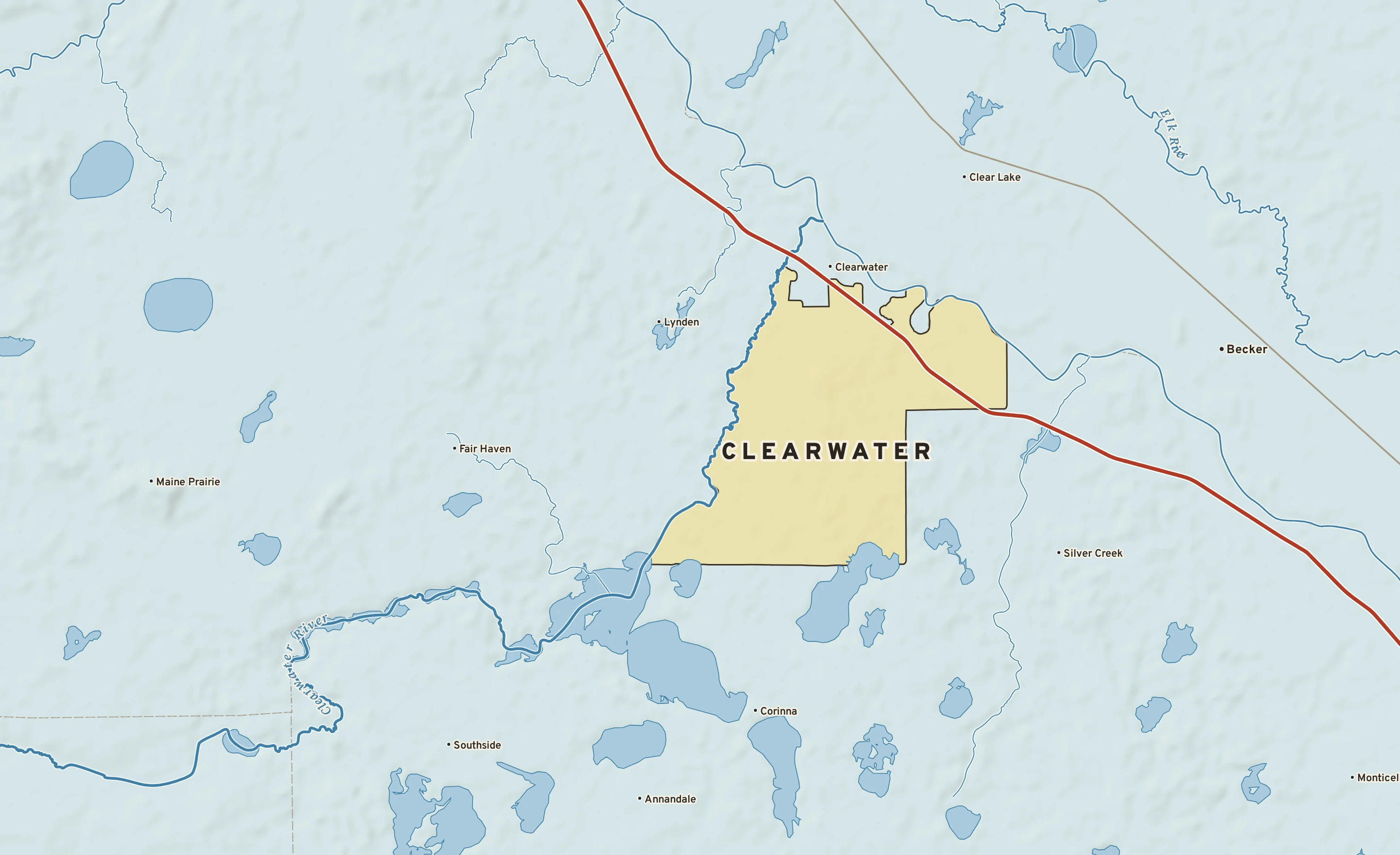 Shaded-relief atlas plate of Clearwater, Minnesota: rivers, roads, the city limits and where the water drains.