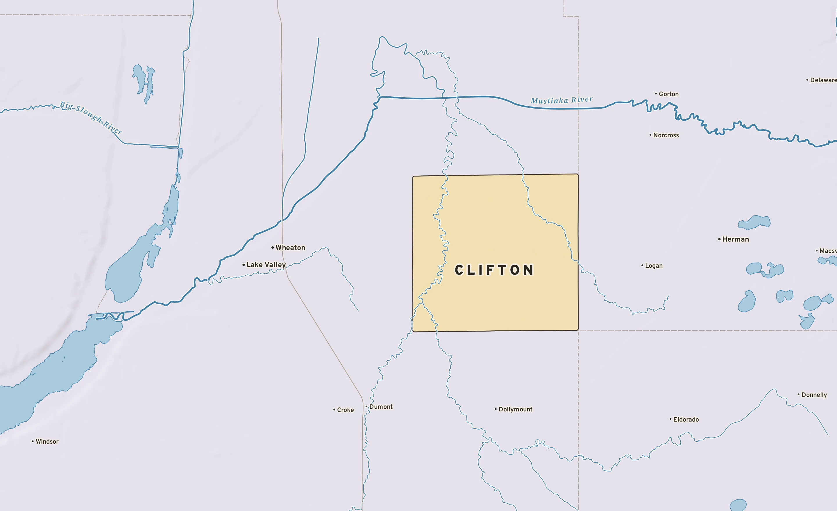 Shaded-relief atlas plate of Clifton, Minnesota: rivers, roads, the city limits and where the water drains.