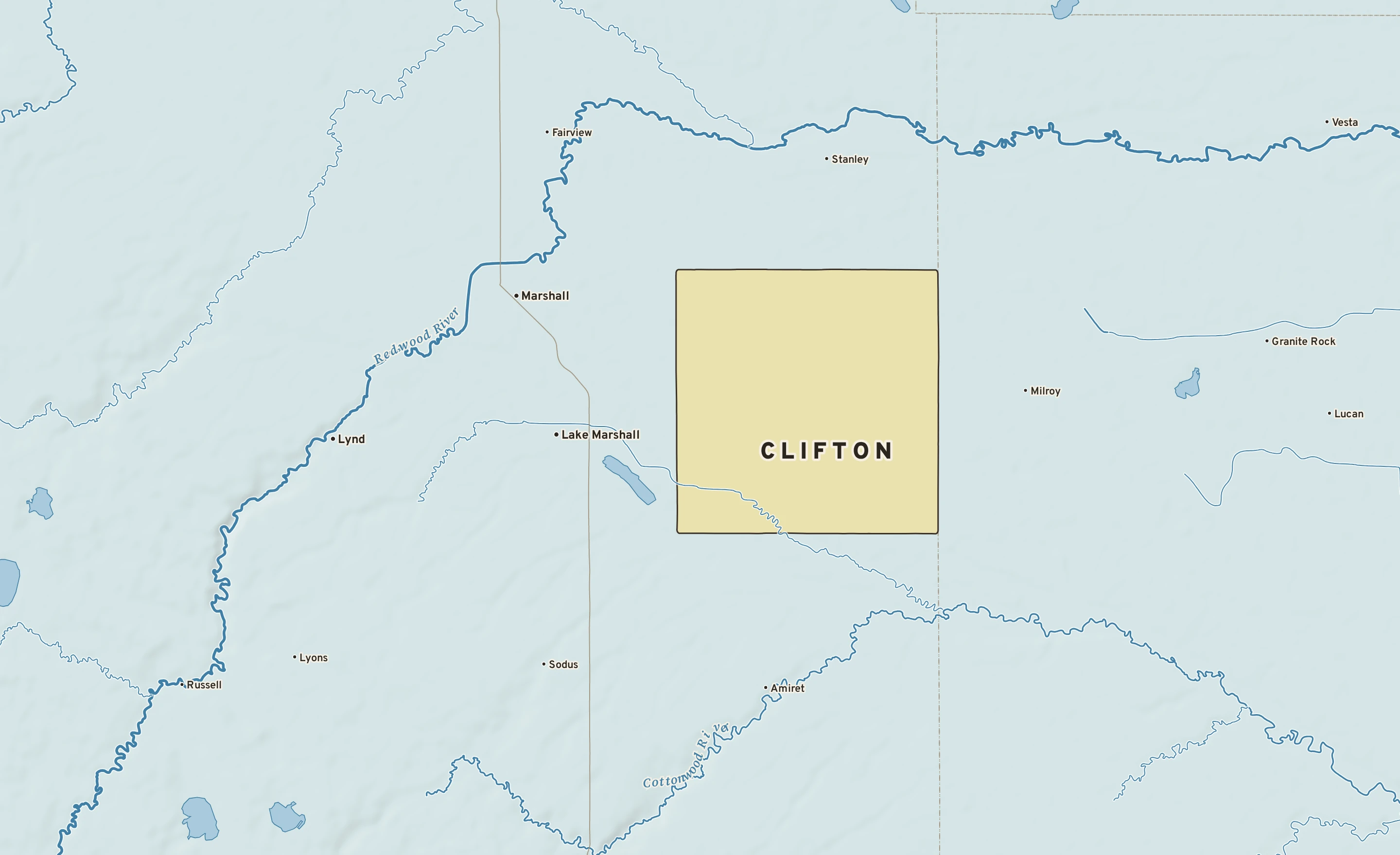 Shaded-relief atlas plate of Clifton, Minnesota: rivers, roads, the city limits and where the water drains.