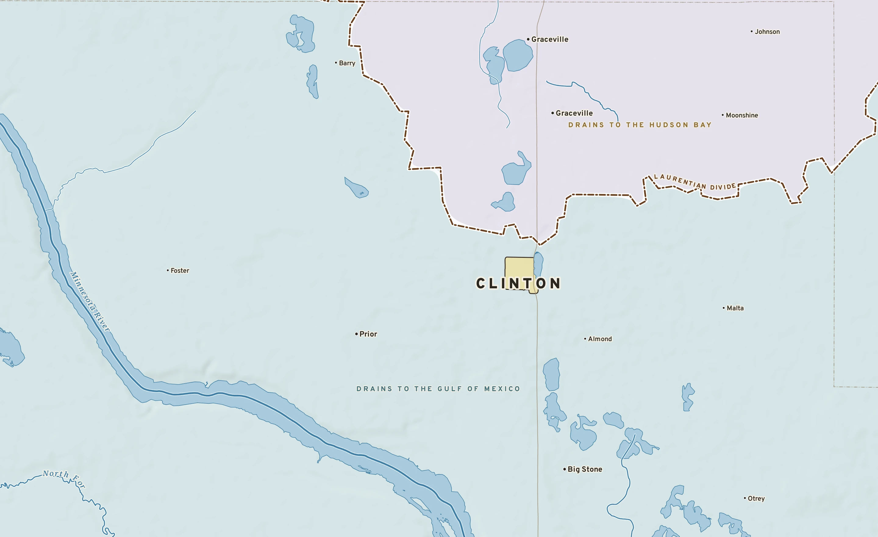 Shaded-relief atlas plate of Clinton, Minnesota: rivers, roads, the city limits and where the water drains.