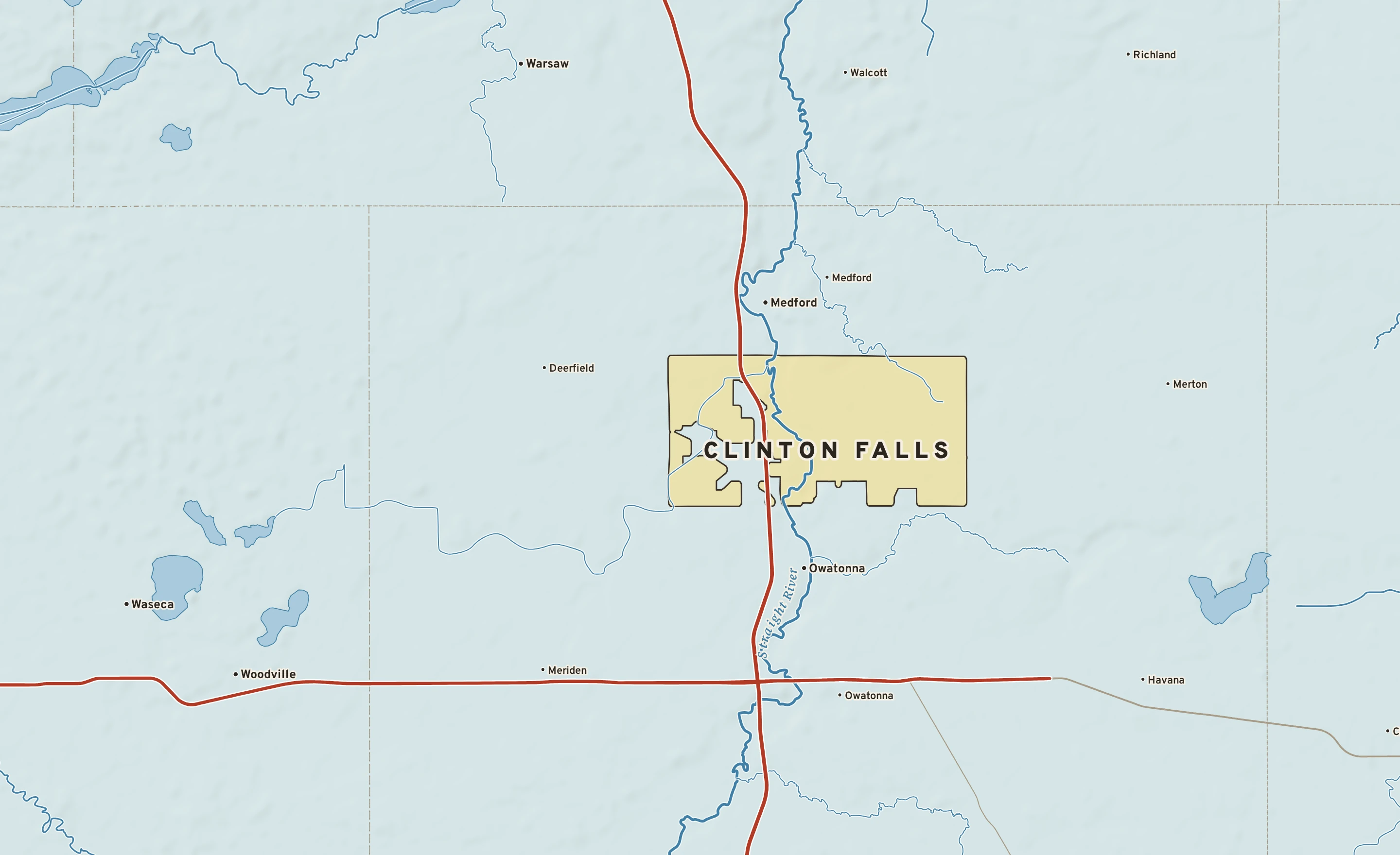 Shaded-relief atlas plate of Clinton Falls, Minnesota: rivers, roads, the city limits and where the water drains.