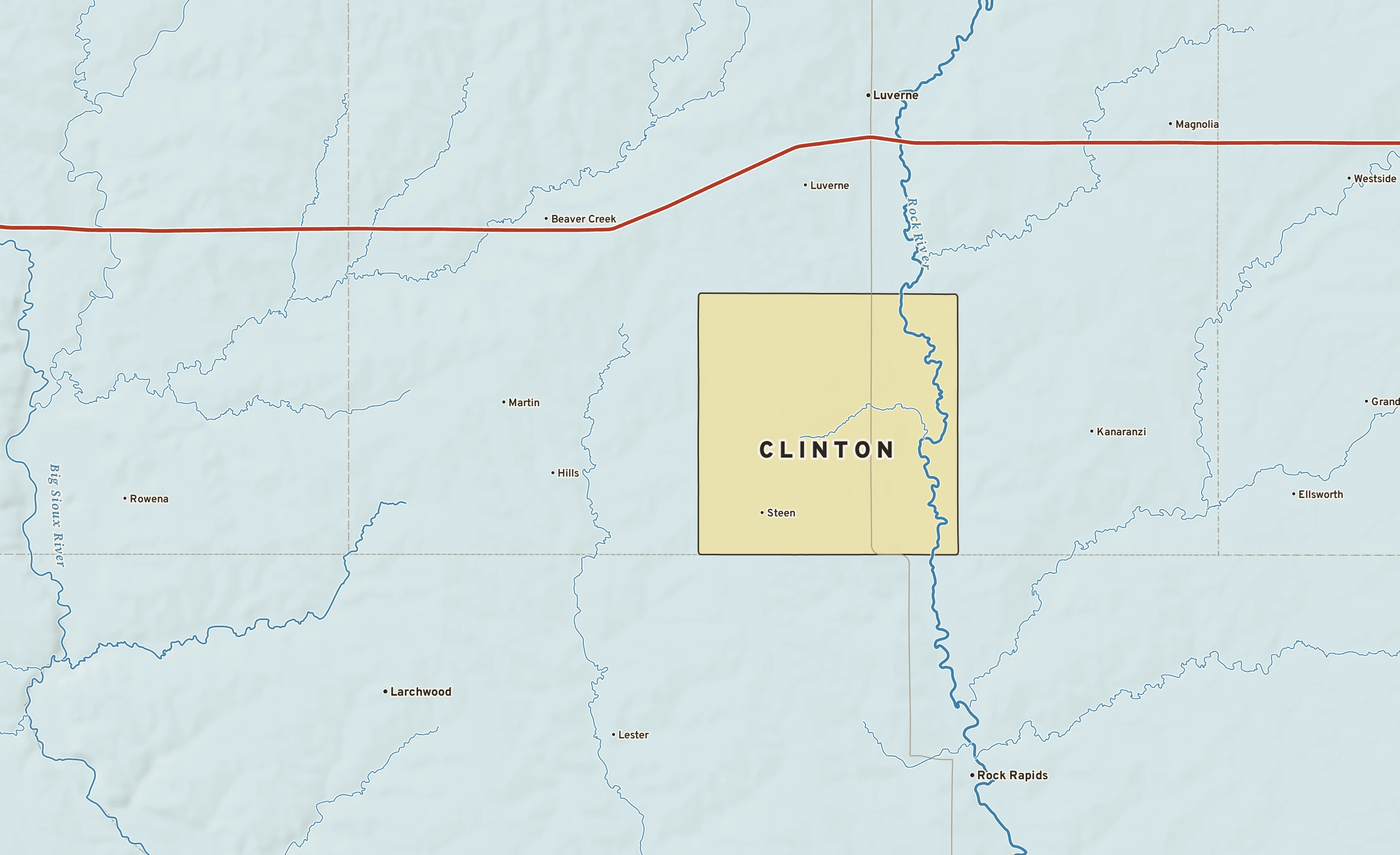 Shaded-relief atlas plate of Clinton, Minnesota: rivers, roads, the city limits and where the water drains.