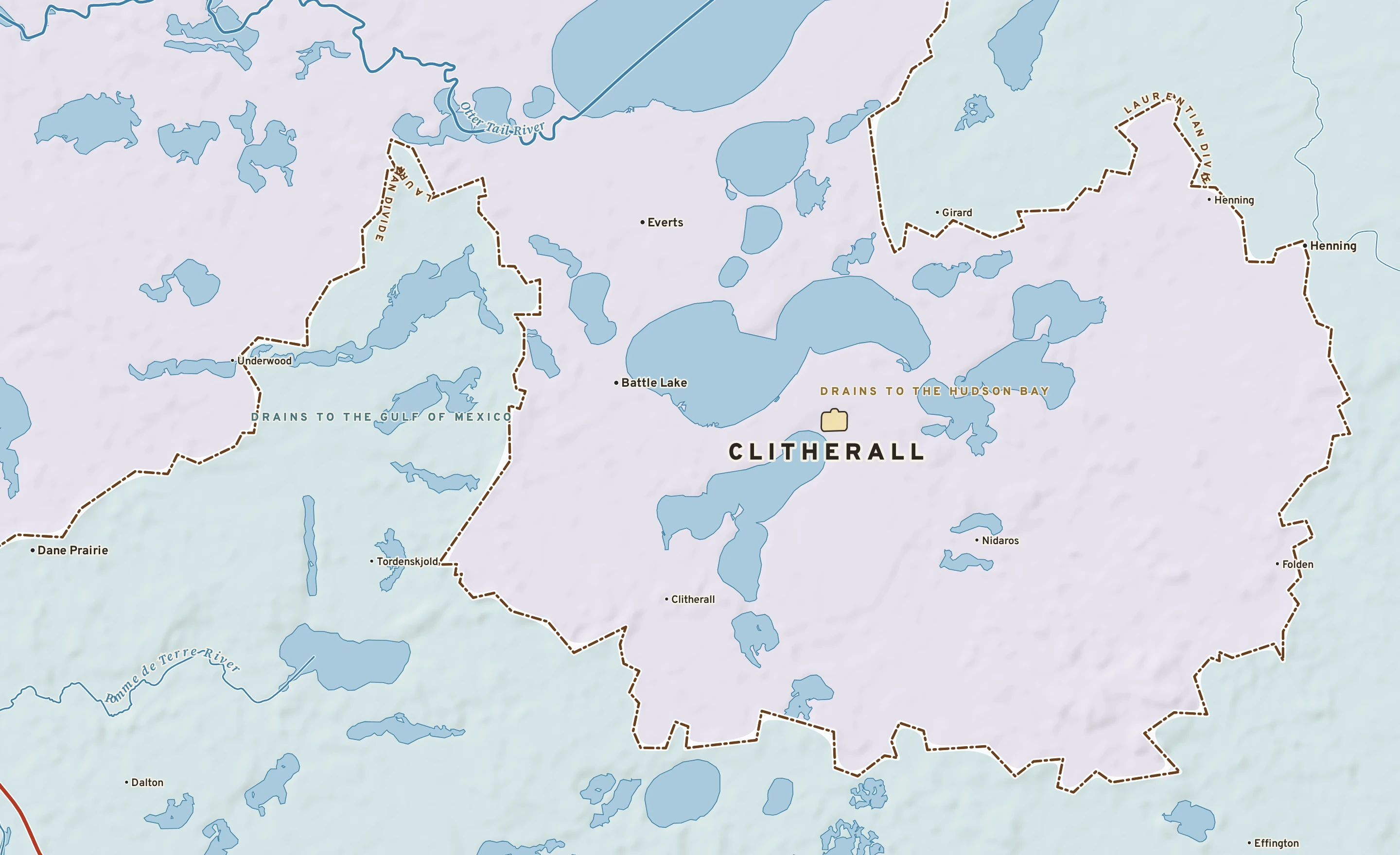 Shaded-relief atlas plate of Clitherall, Minnesota: rivers, roads, the city limits and where the water drains.