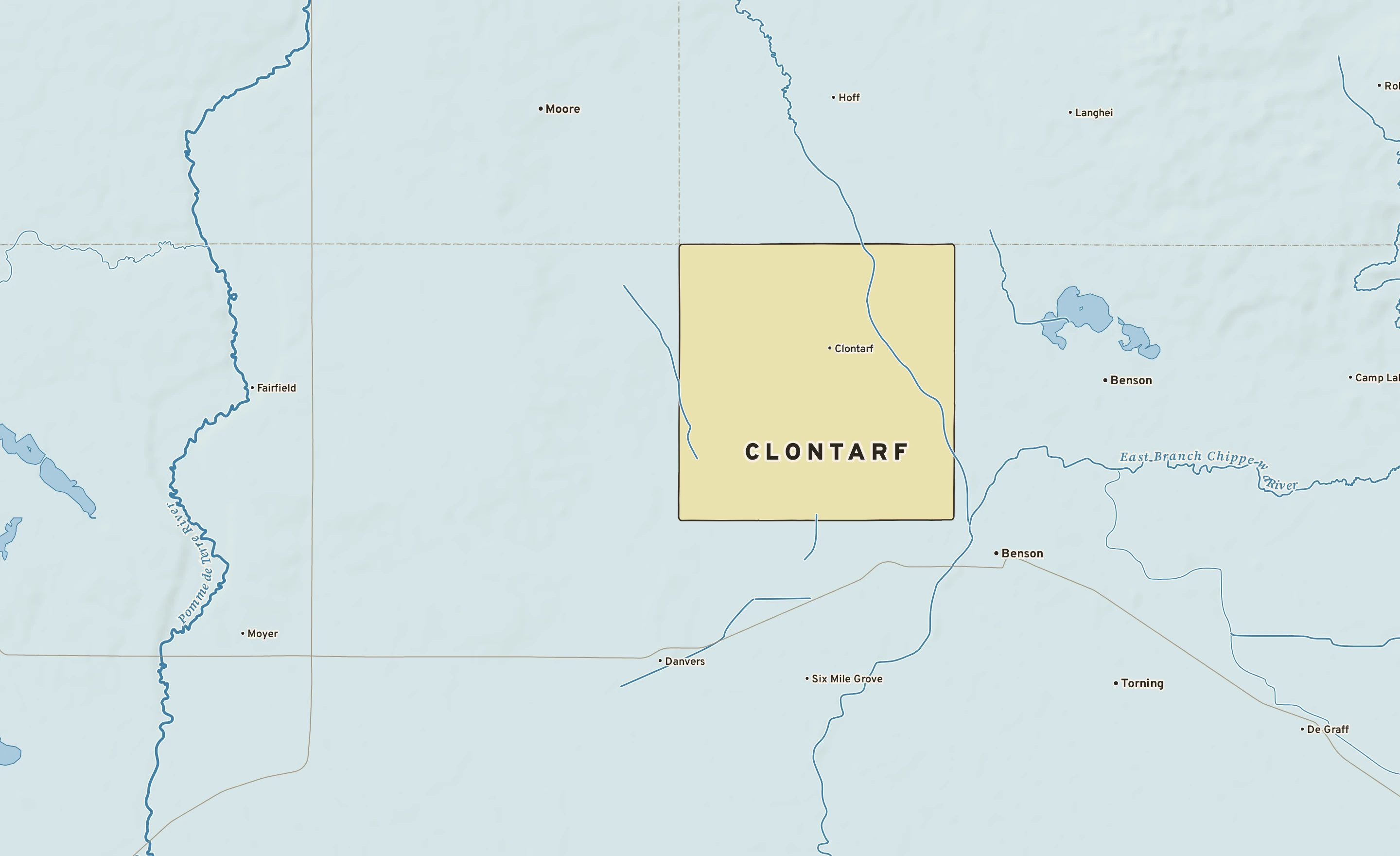 Shaded-relief atlas plate of Clontarf, Minnesota: rivers, roads, the city limits and where the water drains.
