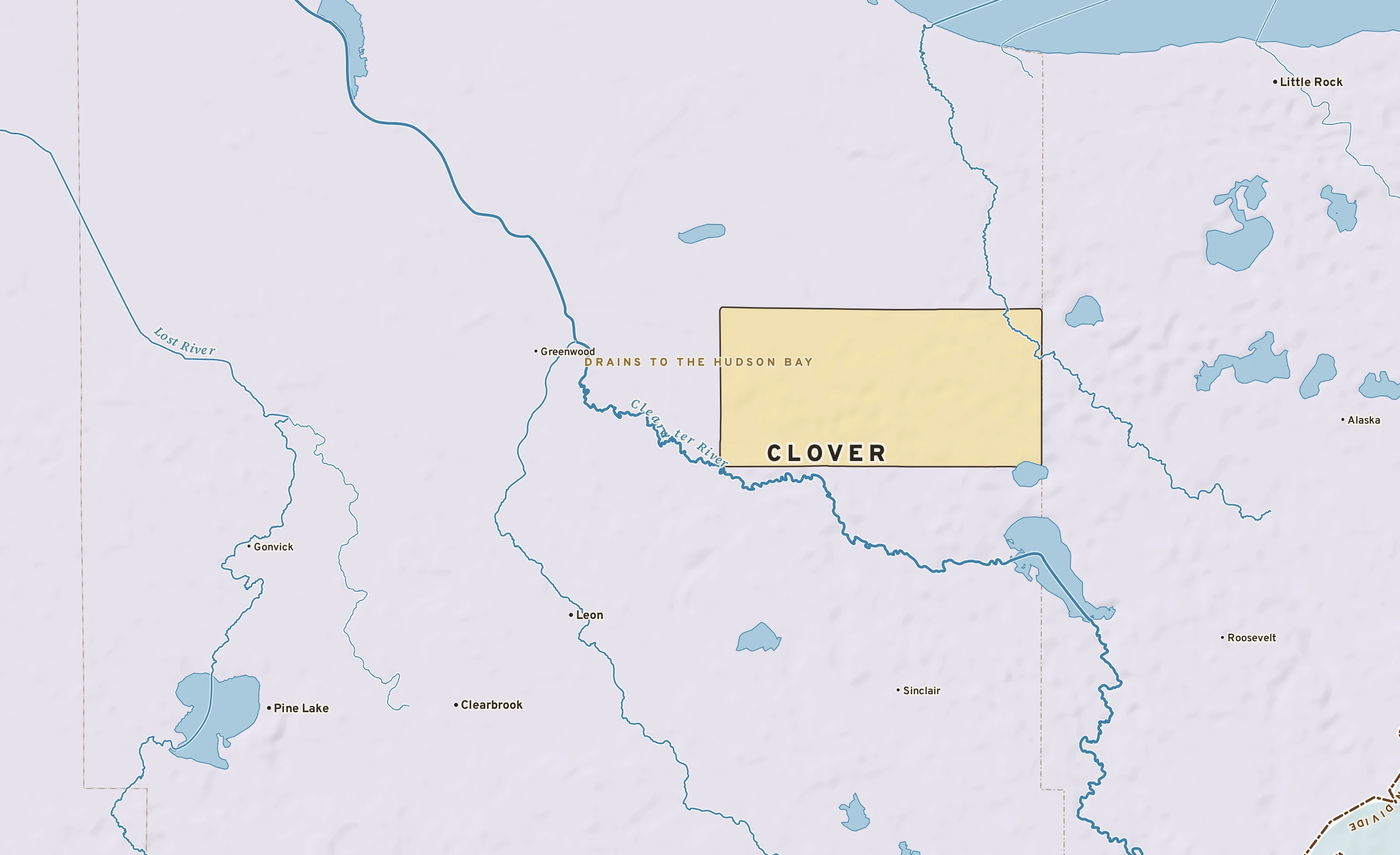 Shaded-relief atlas plate of Clover, Minnesota: rivers, roads, the city limits and where the water drains.