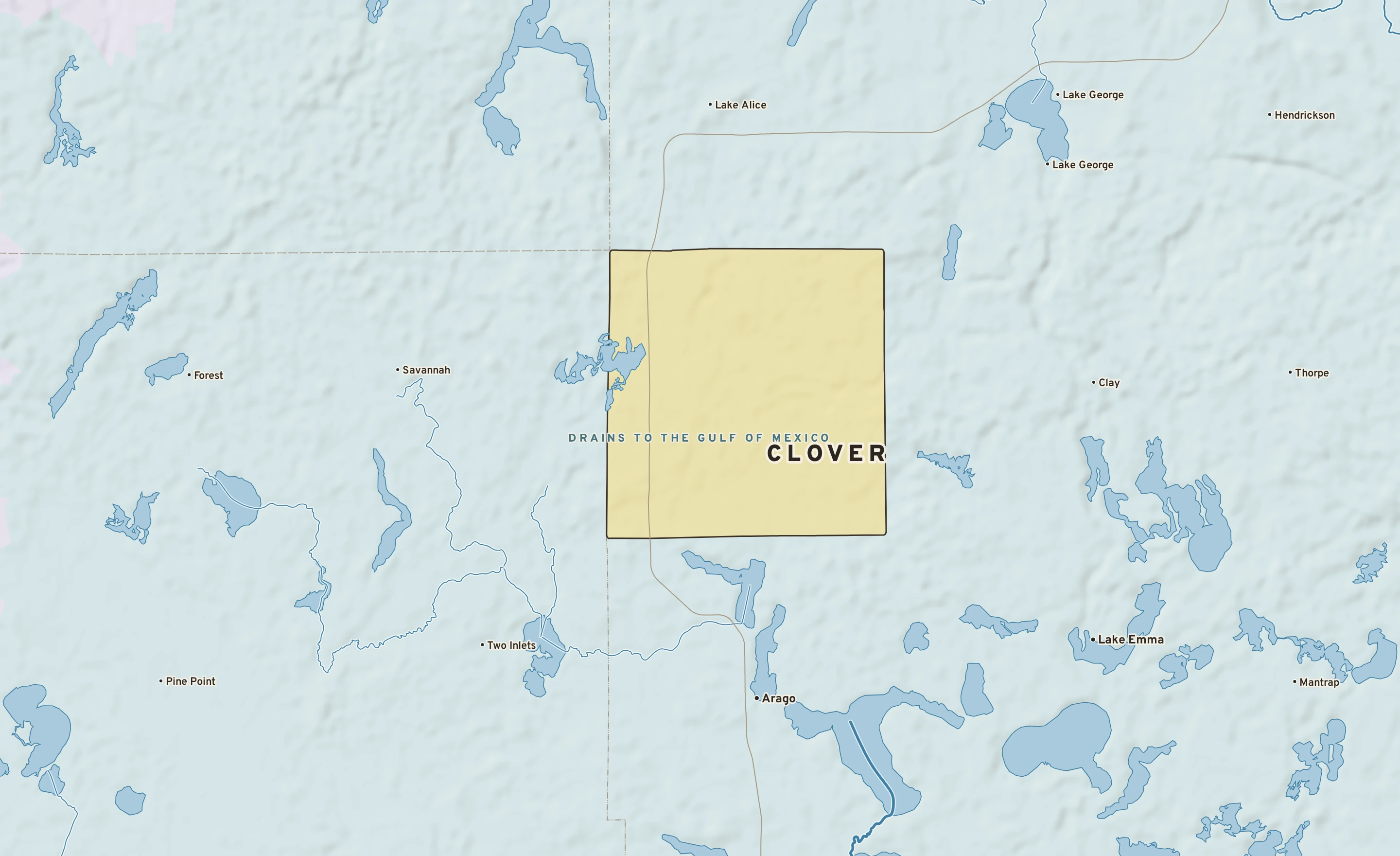 Shaded-relief atlas plate of Clover, Minnesota: rivers, roads, the city limits and where the water drains.