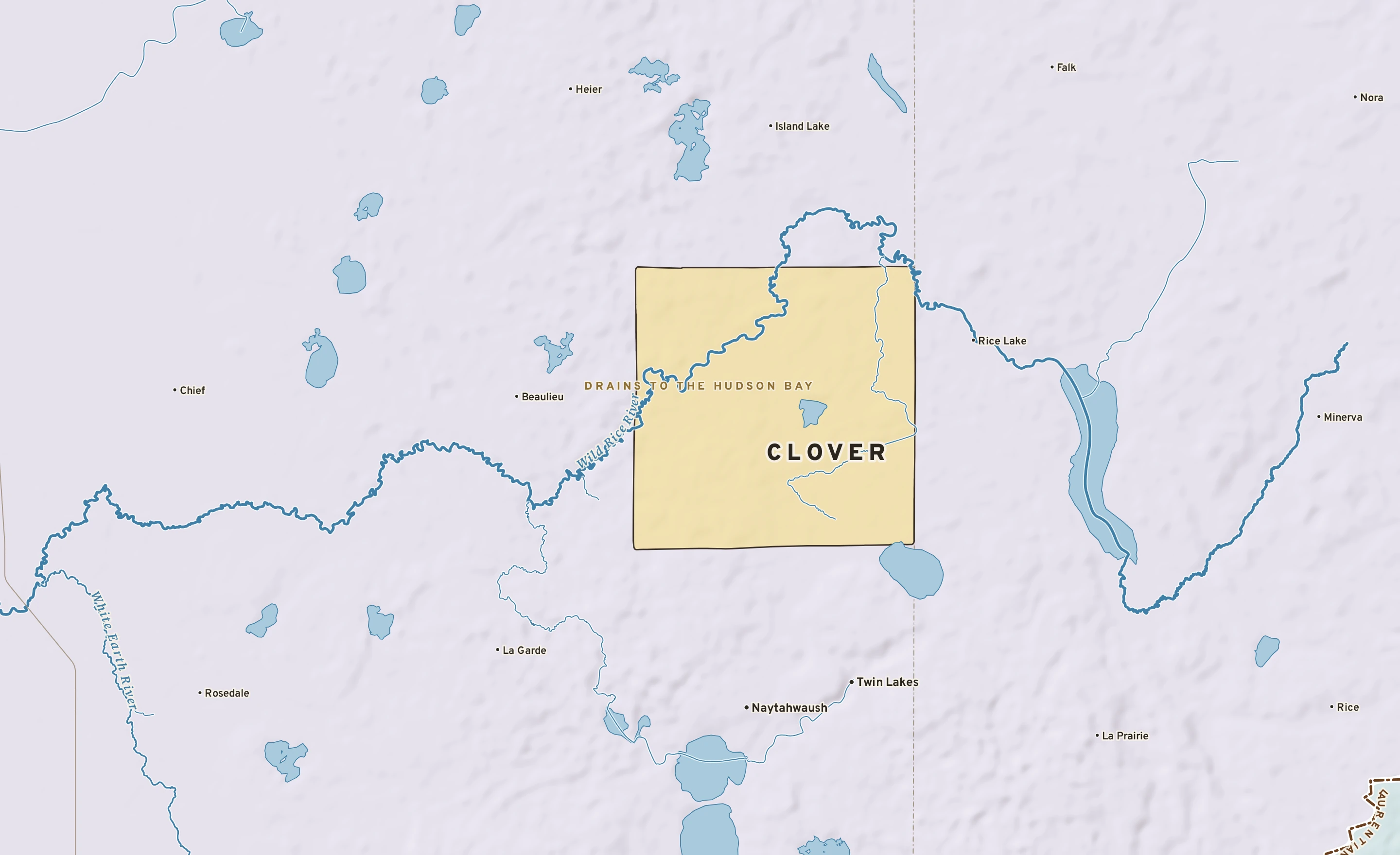 Shaded-relief atlas plate of Clover, Minnesota: rivers, roads, the city limits and where the water drains.