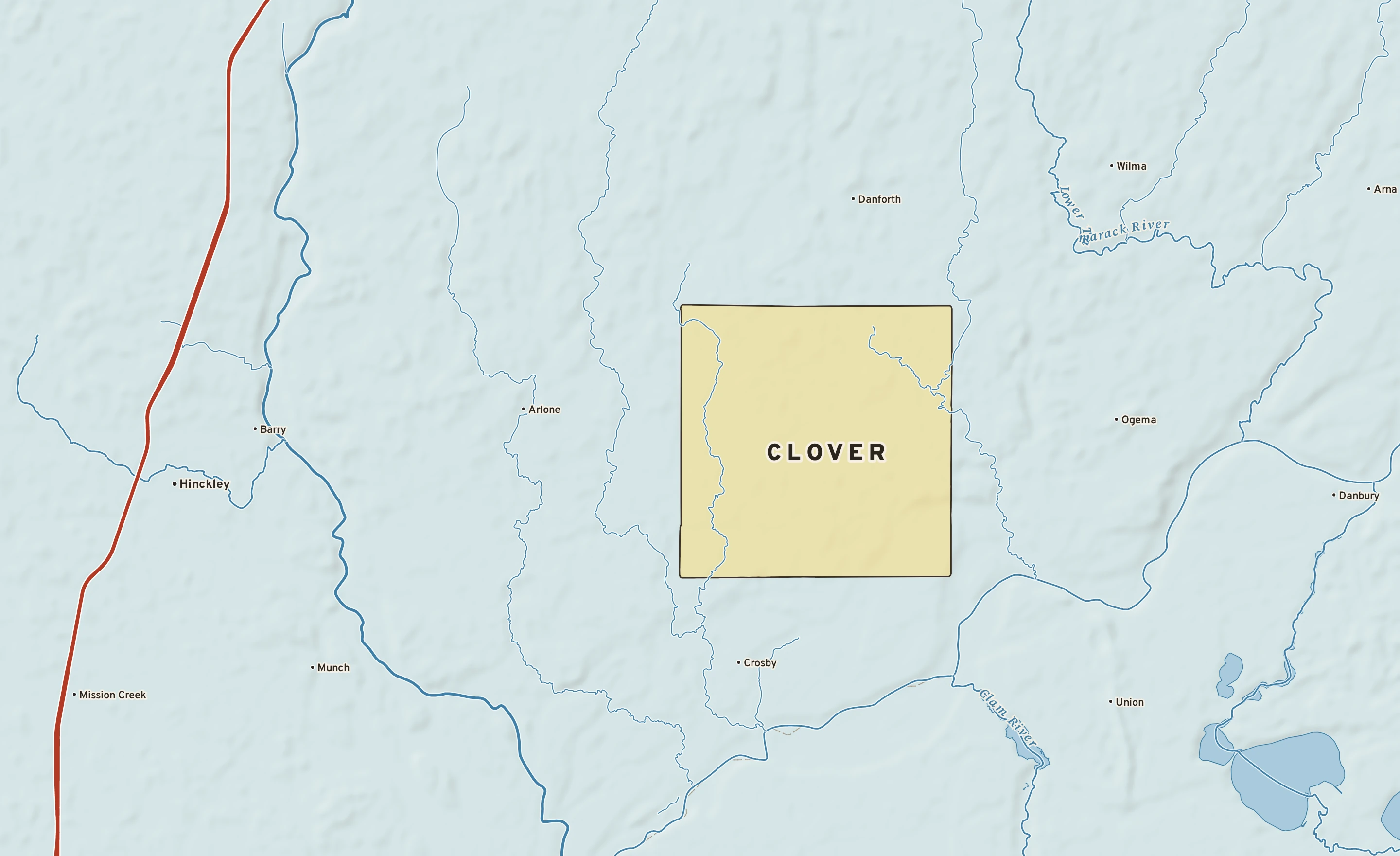 Shaded-relief atlas plate of Clover, Minnesota: rivers, roads, the city limits and where the water drains.