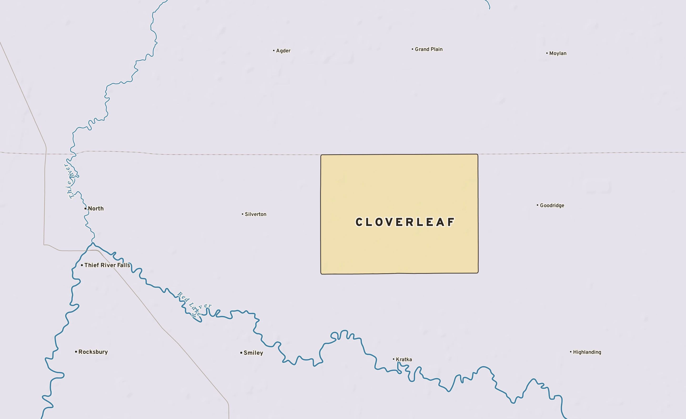Shaded-relief atlas plate of Cloverleaf, Minnesota: rivers, roads, the city limits and where the water drains.