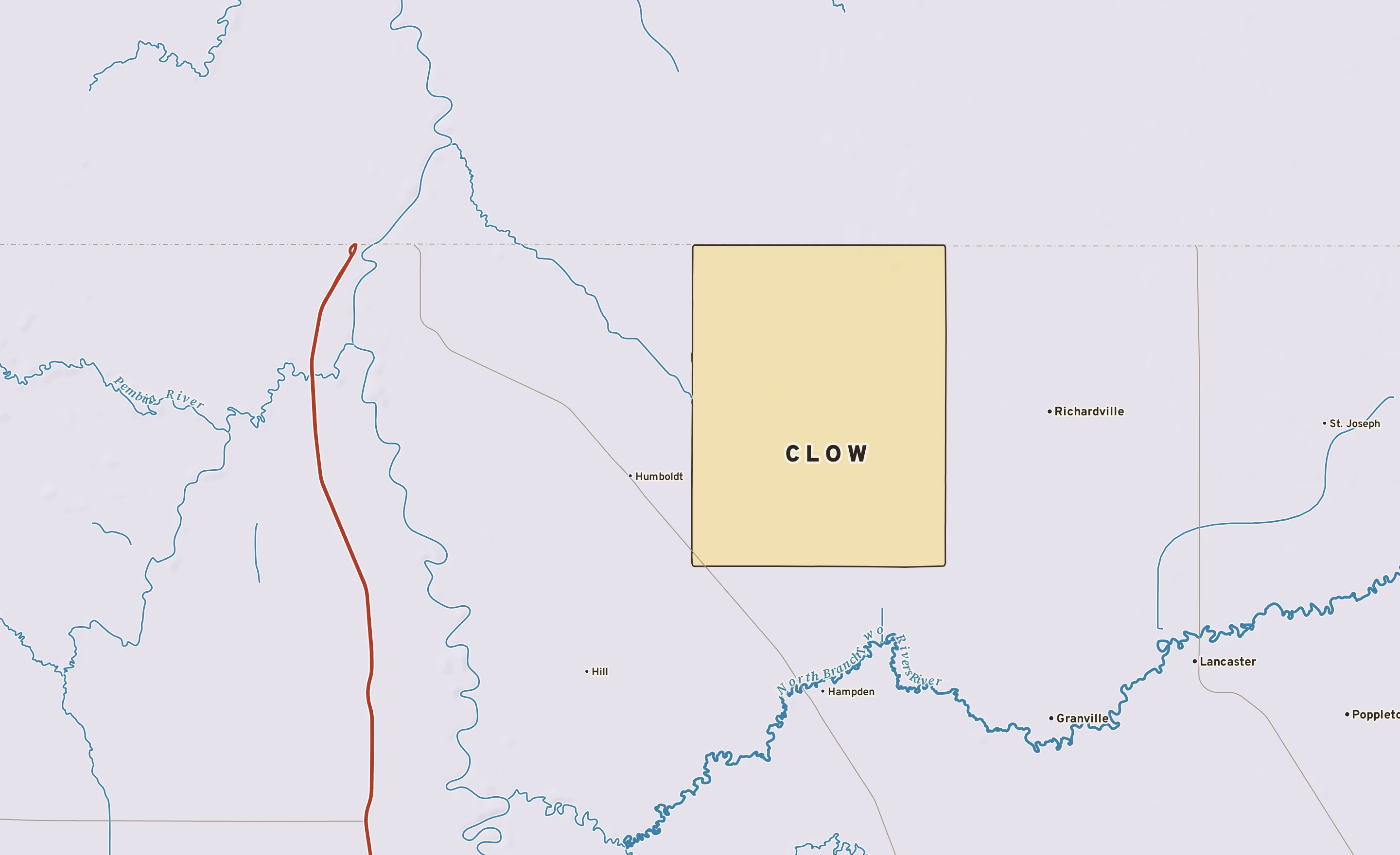 Shaded-relief atlas plate of Clow, Minnesota: rivers, roads, the city limits and where the water drains.