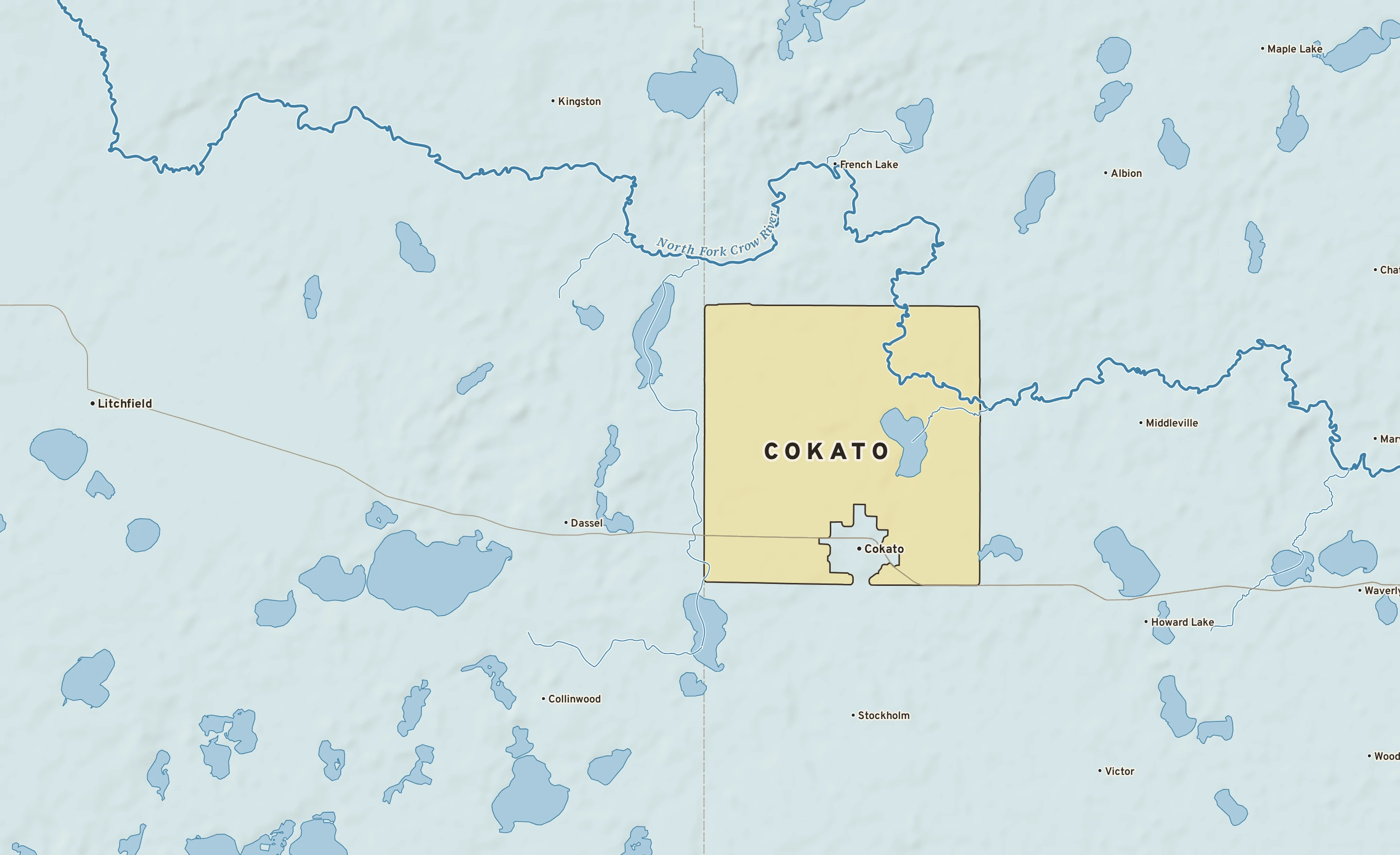 Shaded-relief atlas plate of Cokato, Minnesota: rivers, roads, the city limits and where the water drains.