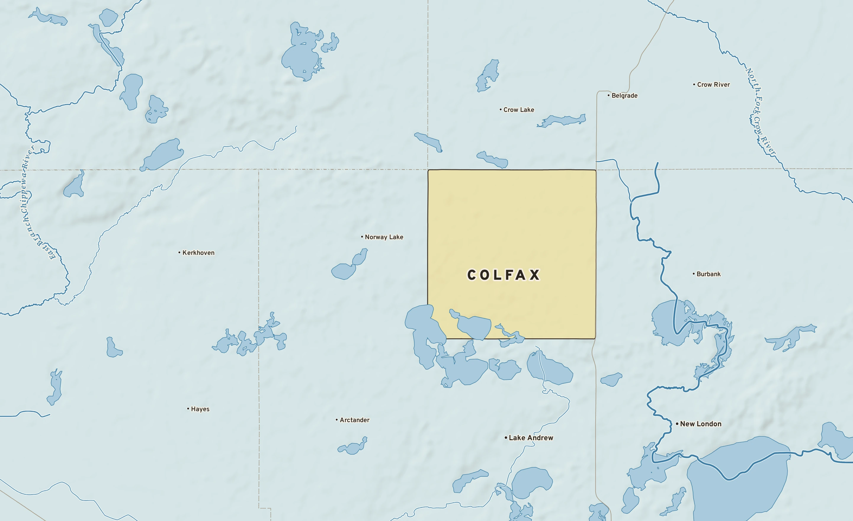 Shaded-relief atlas plate of Colfax, Minnesota: rivers, roads, the city limits and where the water drains.