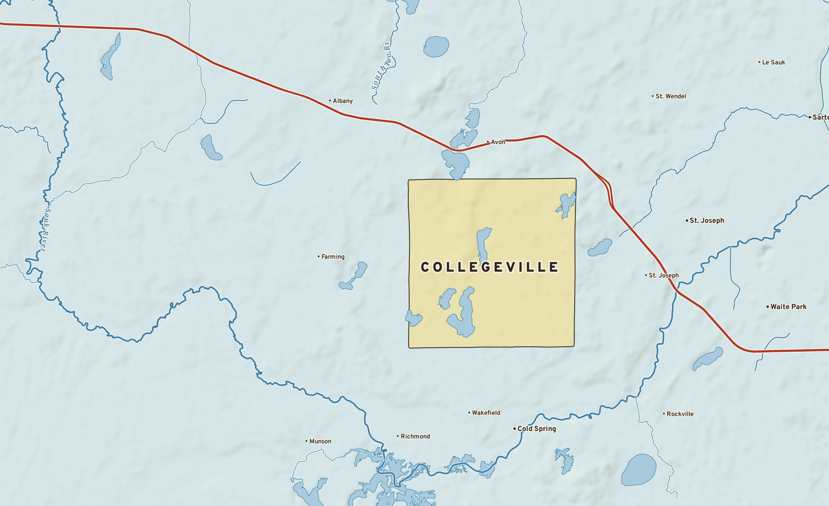 Shaded-relief atlas plate of Collegeville, Minnesota: rivers, roads, the city limits and where the water drains.