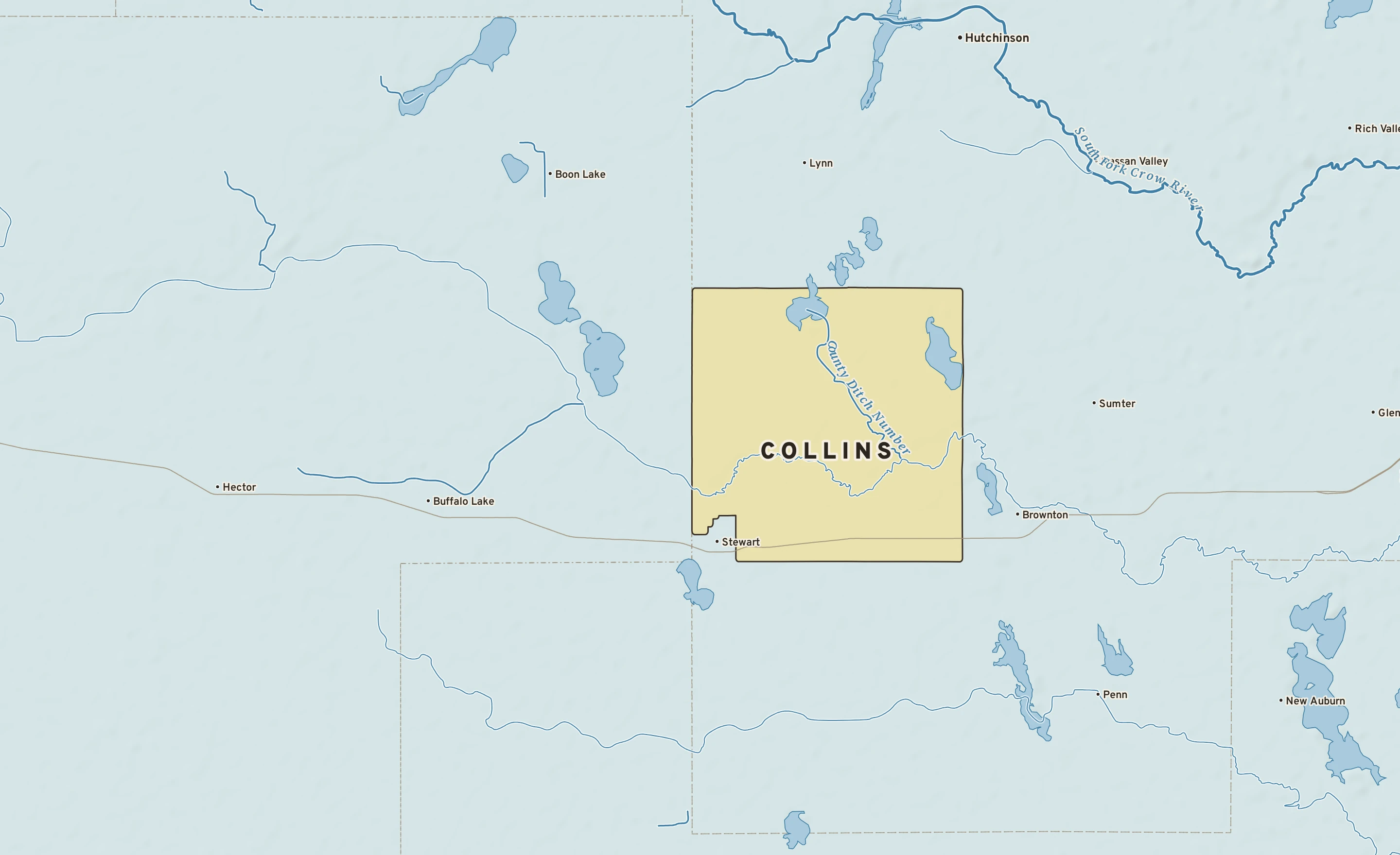 Shaded-relief atlas plate of Collins, Minnesota: rivers, roads, the city limits and where the water drains.