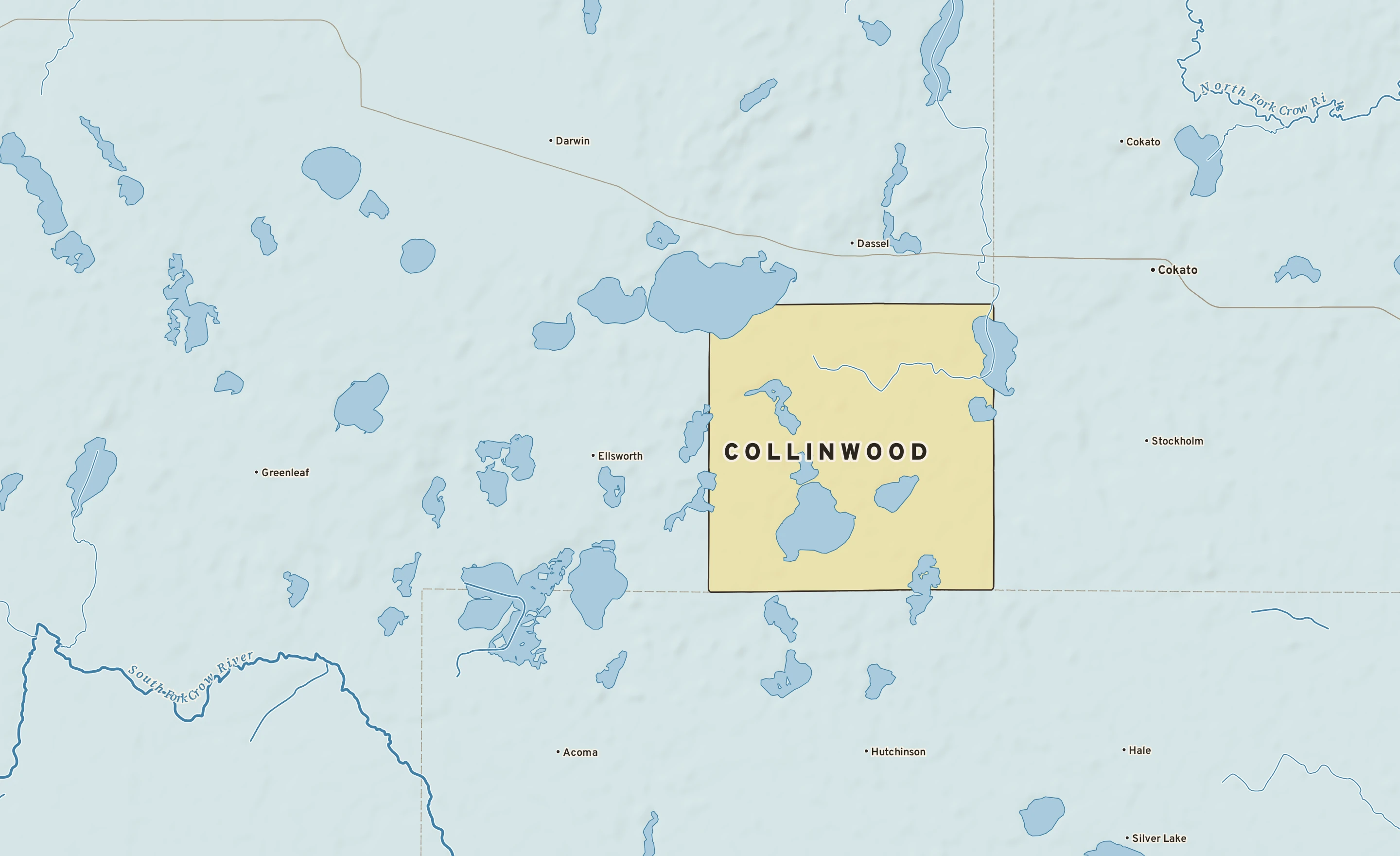 Shaded-relief atlas plate of Collinwood, Minnesota: rivers, roads, the city limits and where the water drains.