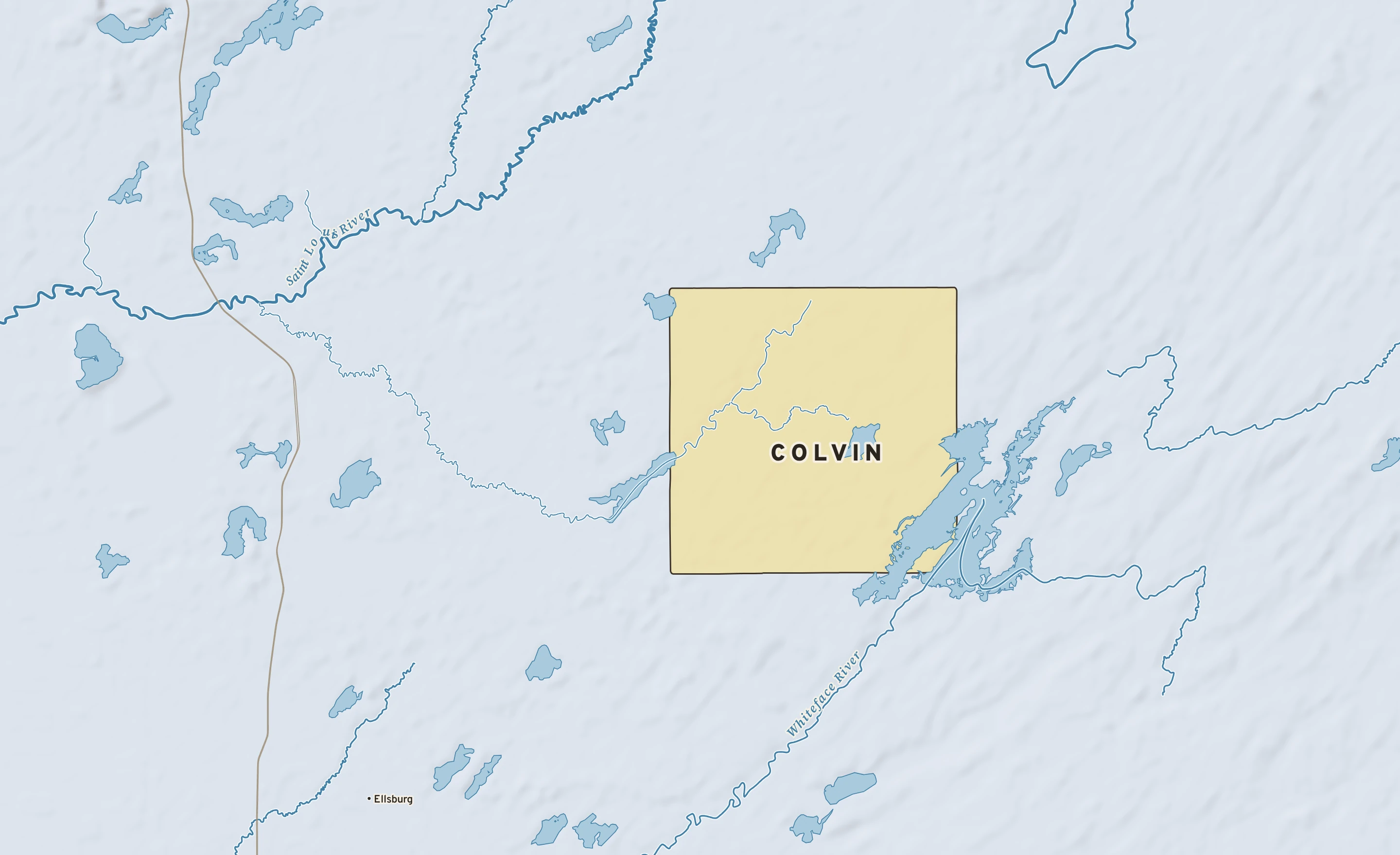 Shaded-relief atlas plate of Colvin, Minnesota: rivers, roads, the city limits and where the water drains.
