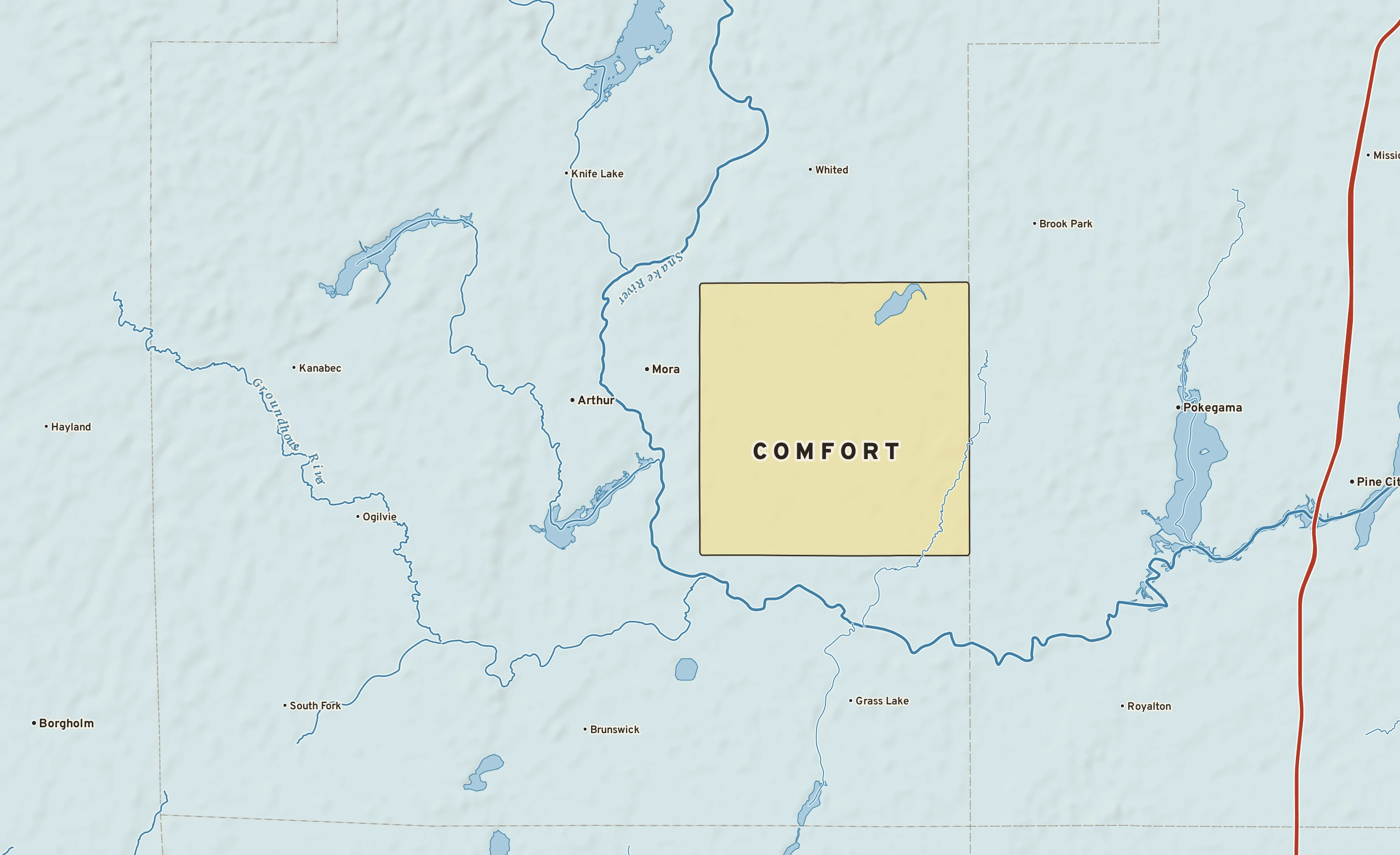 Shaded-relief atlas plate of Comfort, Minnesota: rivers, roads, the city limits and where the water drains.