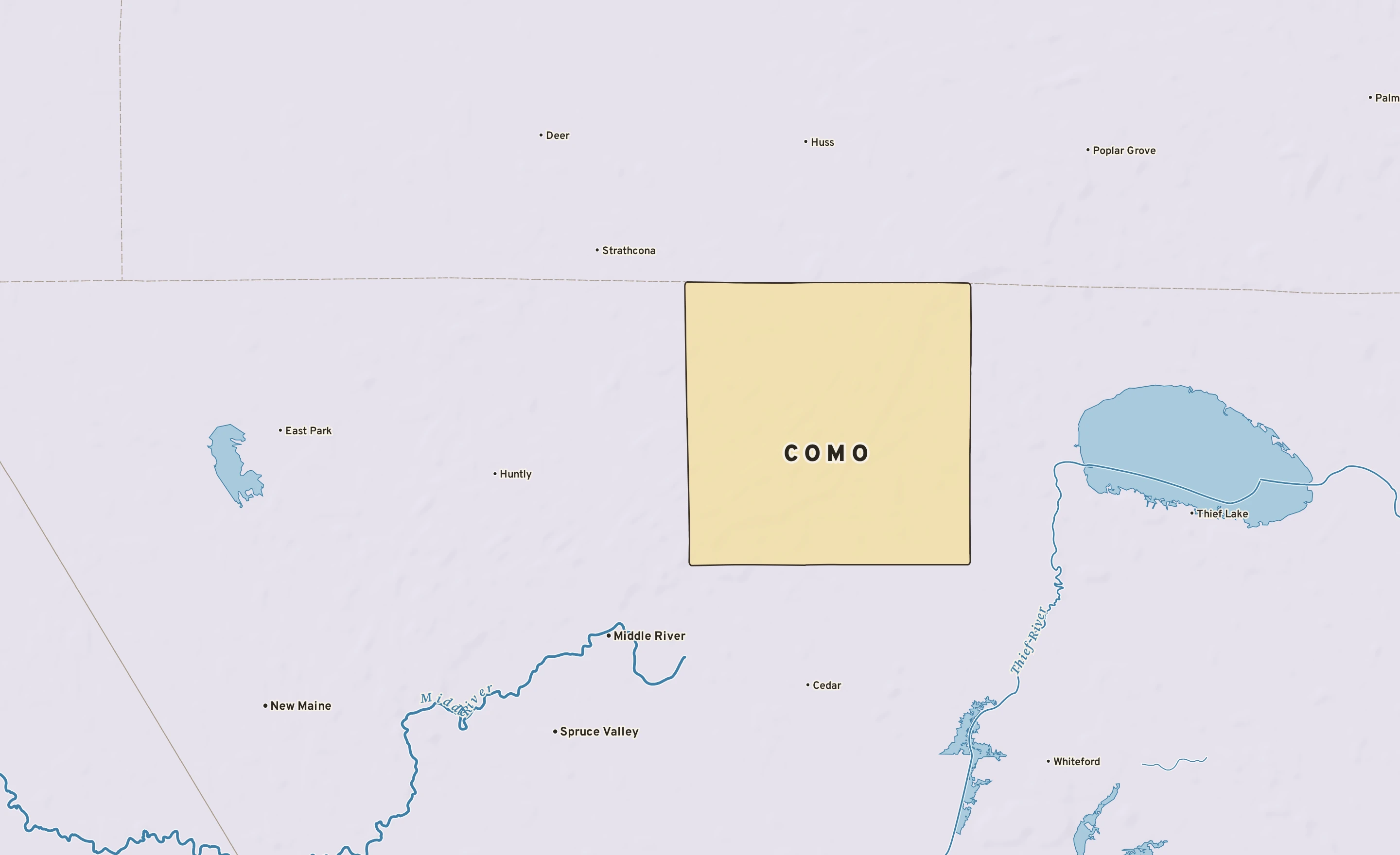 Shaded-relief atlas plate of Como, Minnesota: rivers, roads, the city limits and where the water drains.