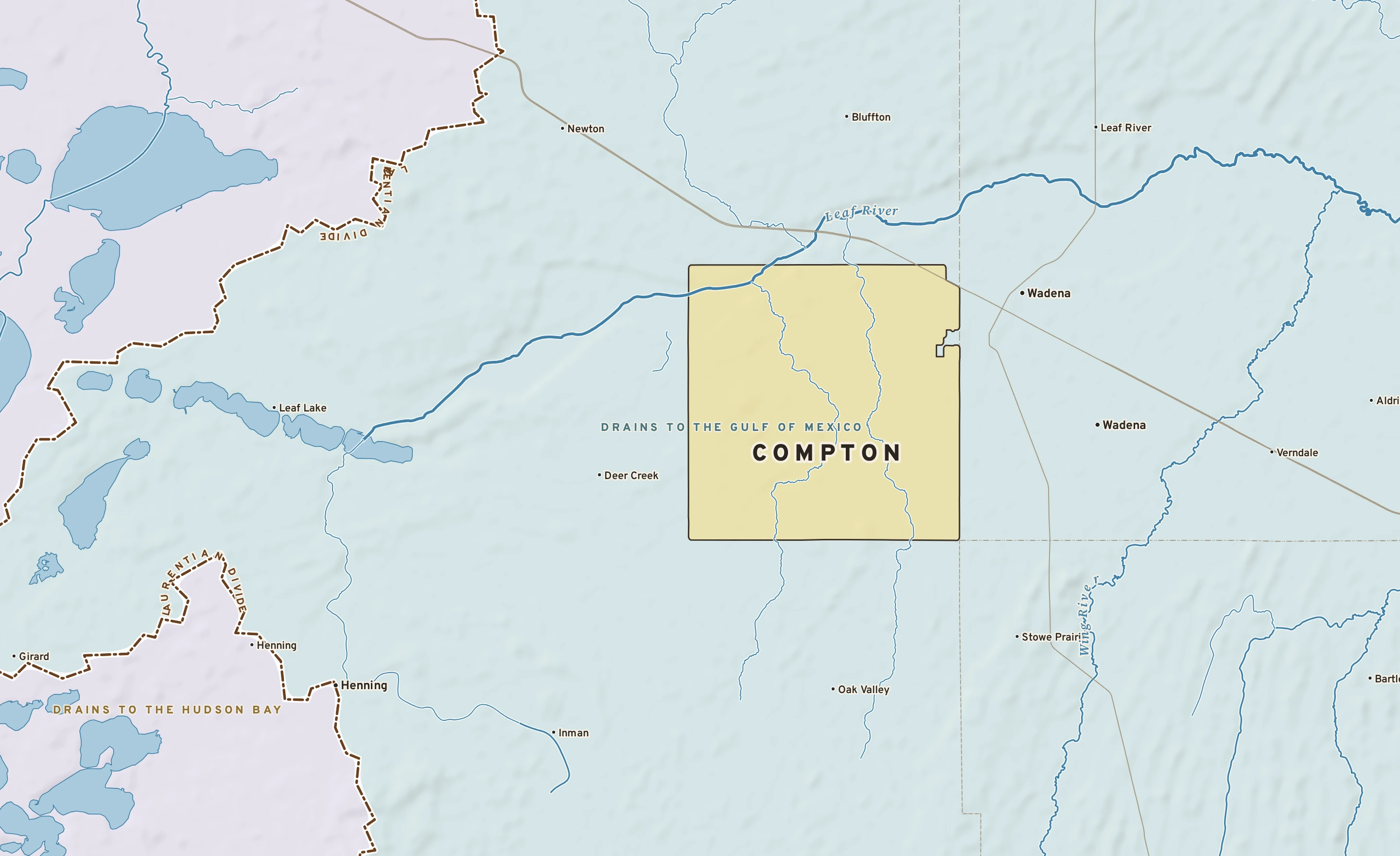 Shaded-relief atlas plate of Compton, Minnesota: rivers, roads, the city limits and where the water drains.