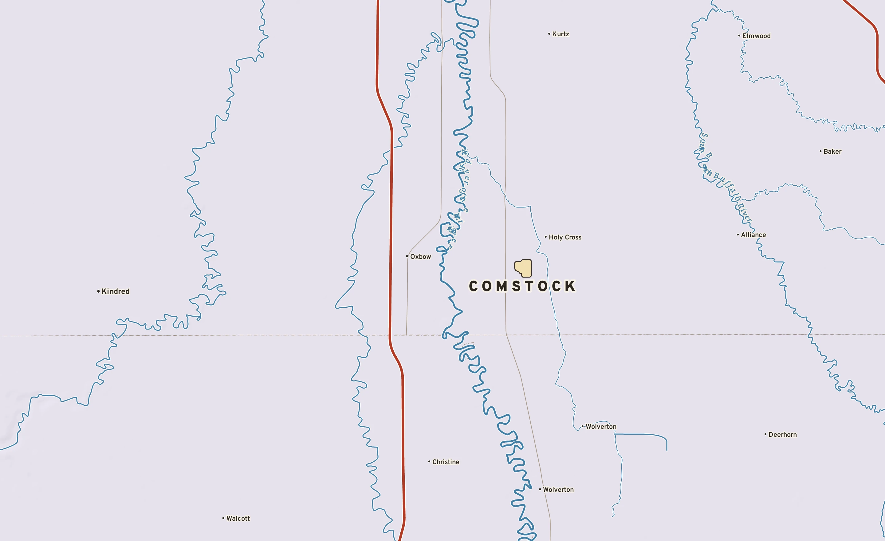 Shaded-relief atlas plate of Comstock, Minnesota: rivers, roads, the city limits and where the water drains.