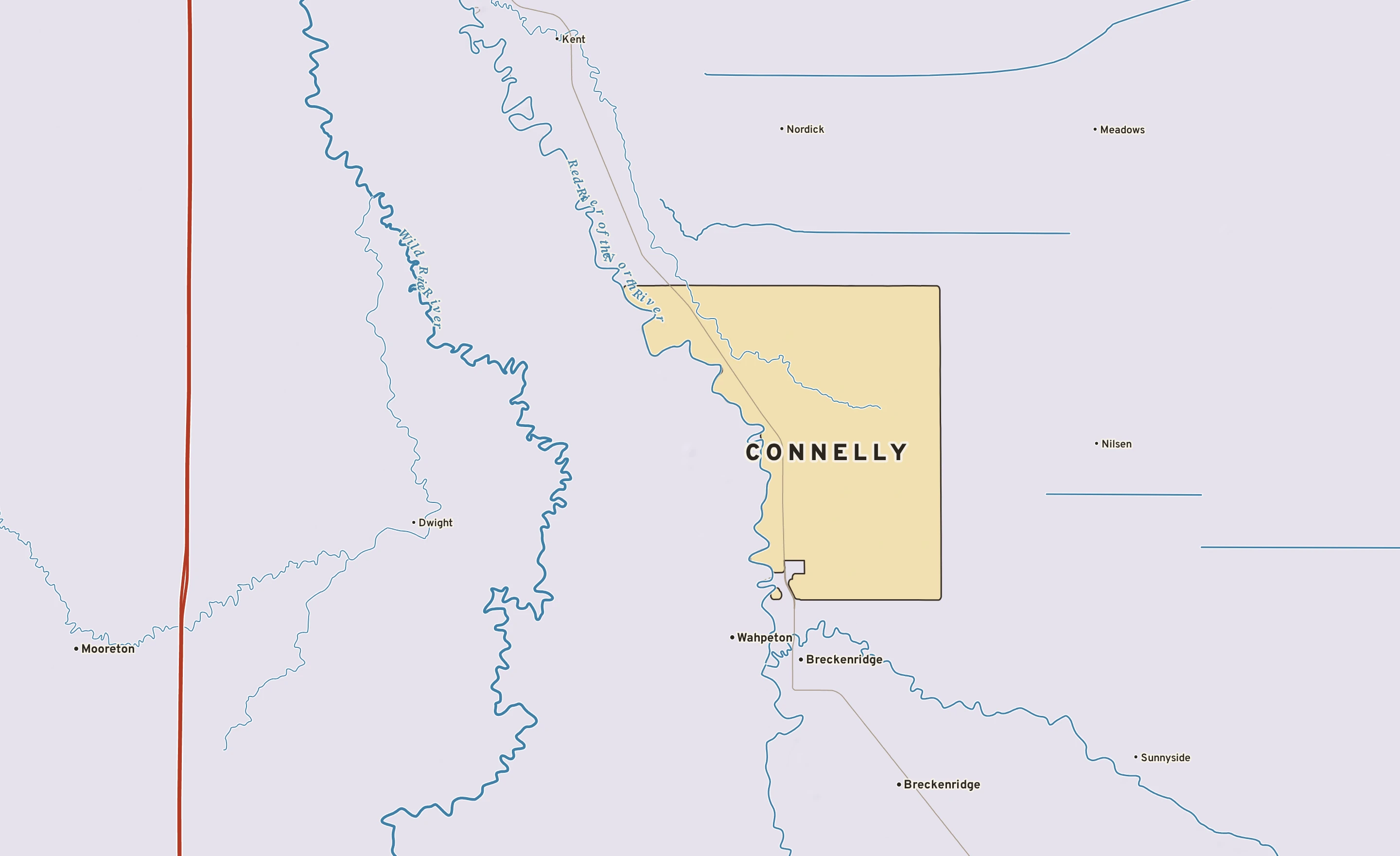 Shaded-relief atlas plate of Connelly, Minnesota: rivers, roads, the city limits and where the water drains.