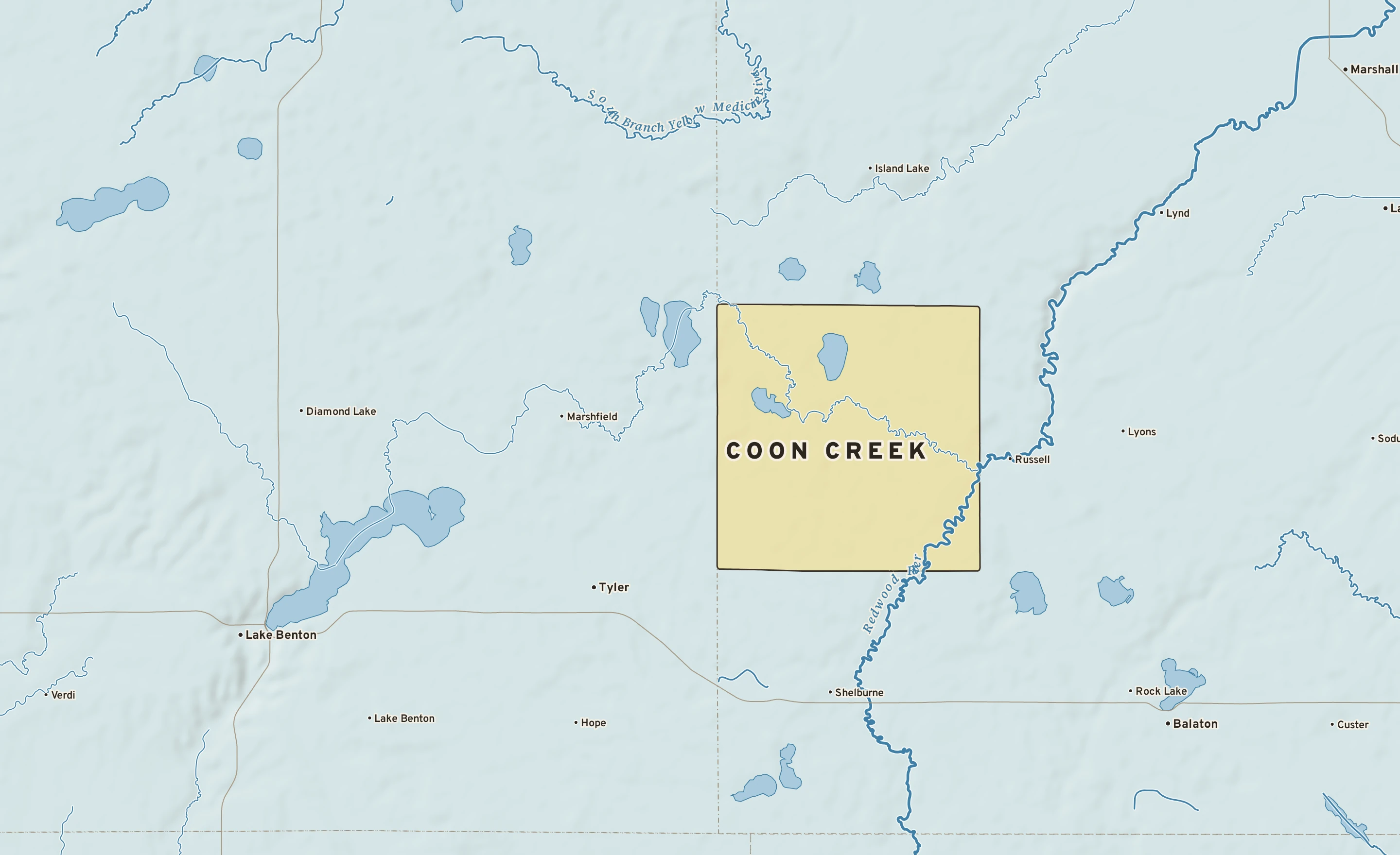 Shaded-relief atlas plate of Coon Creek, Minnesota: rivers, roads, the city limits and where the water drains.