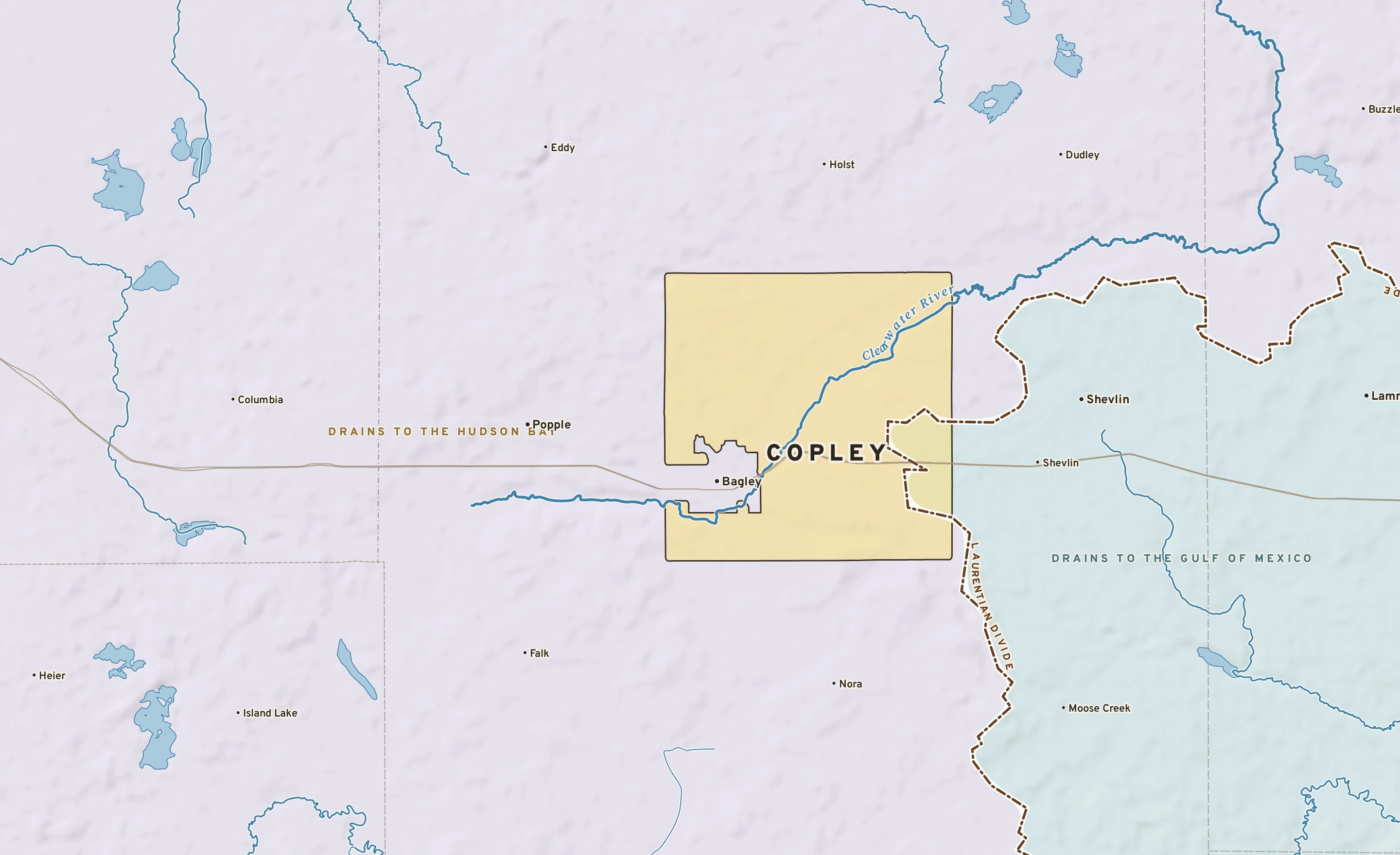 Shaded-relief atlas plate of Copley, Minnesota: rivers, roads, the city limits and where the water drains.