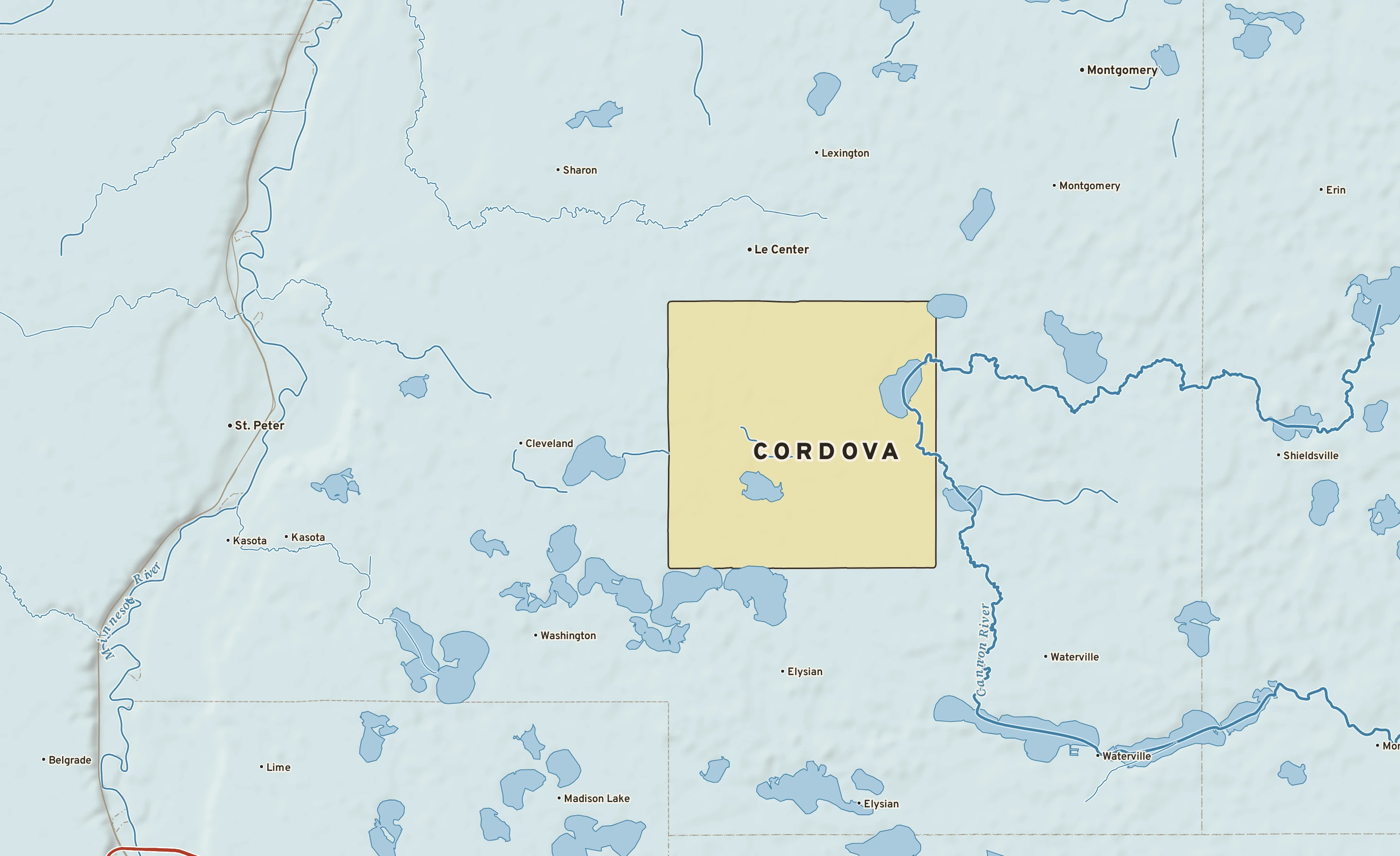 Shaded-relief atlas plate of Cordova, Minnesota: rivers, roads, the city limits and where the water drains.