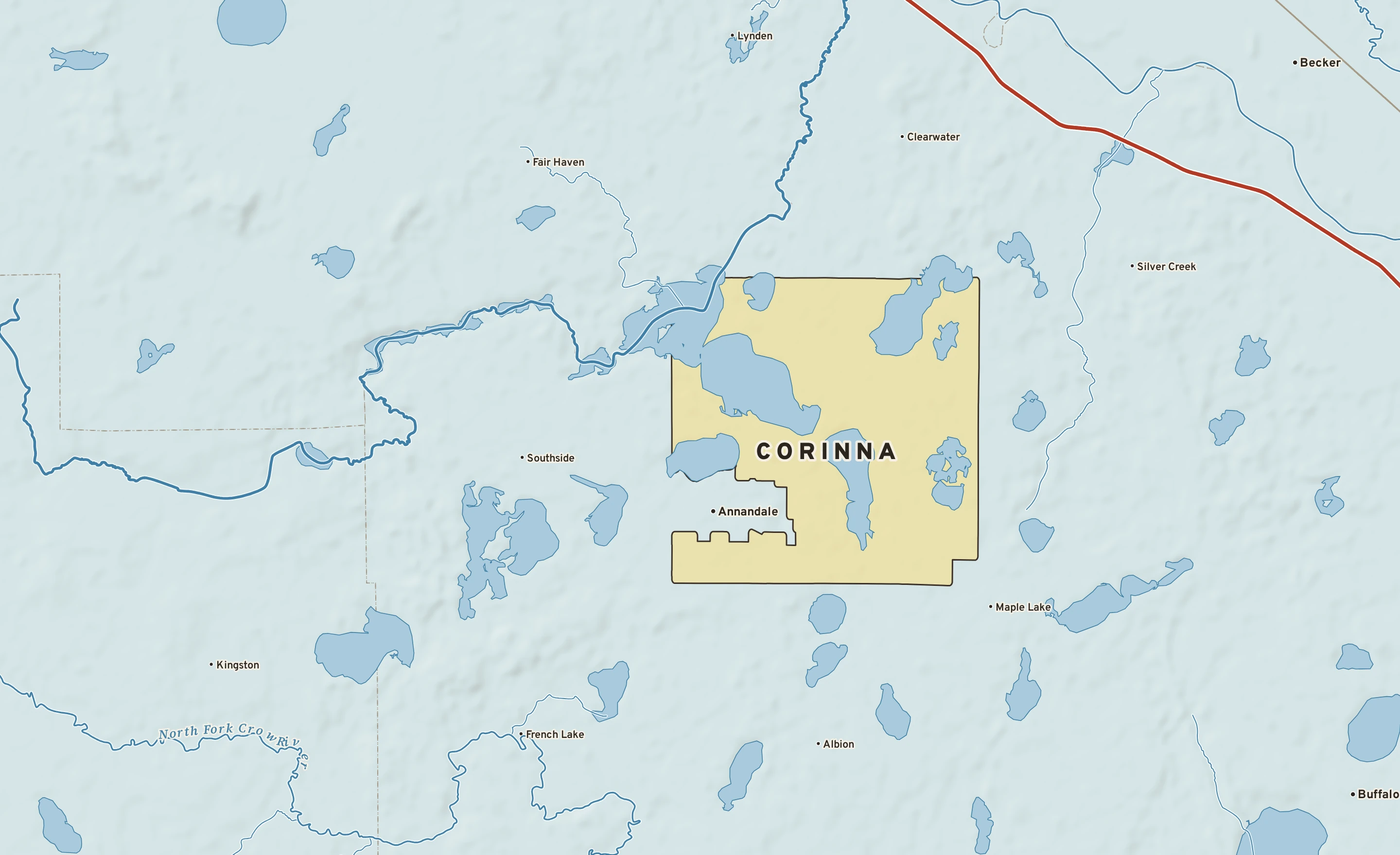 Shaded-relief atlas plate of Corinna, Minnesota: rivers, roads, the city limits and where the water drains.