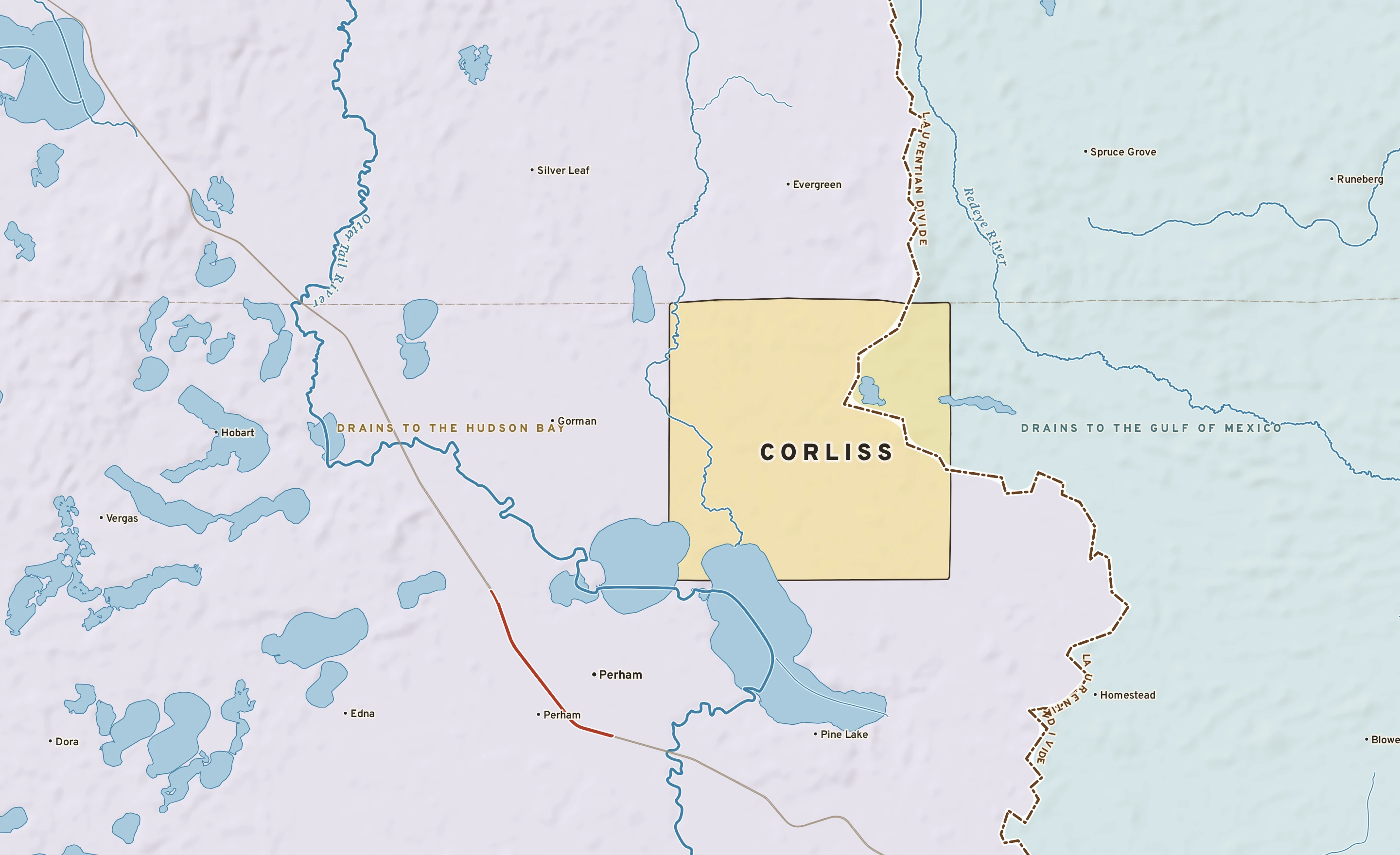 Shaded-relief atlas plate of Corliss, Minnesota: rivers, roads, the city limits and where the water drains.