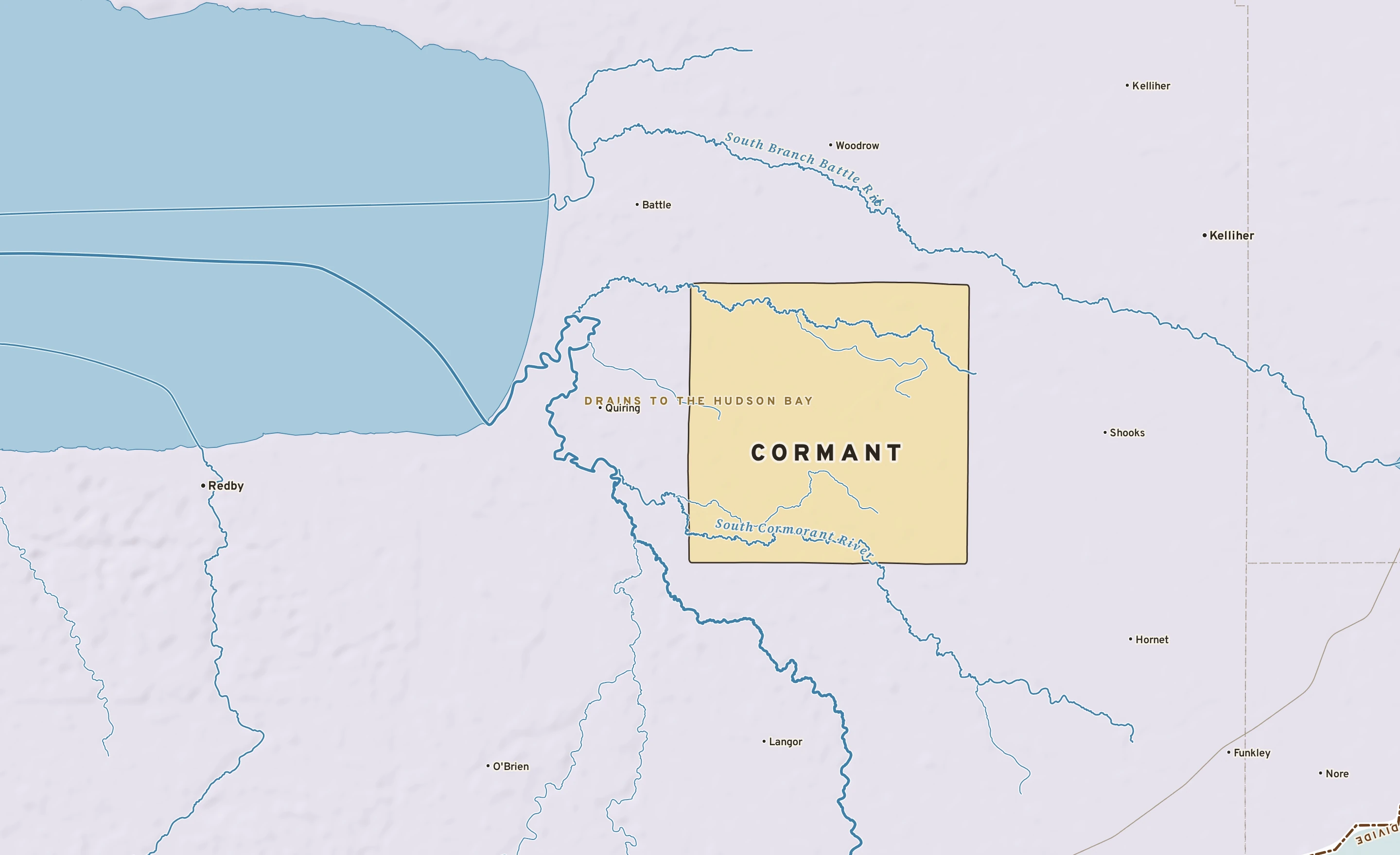 Shaded-relief atlas plate of Cormant, Minnesota: rivers, roads, the city limits and where the water drains.