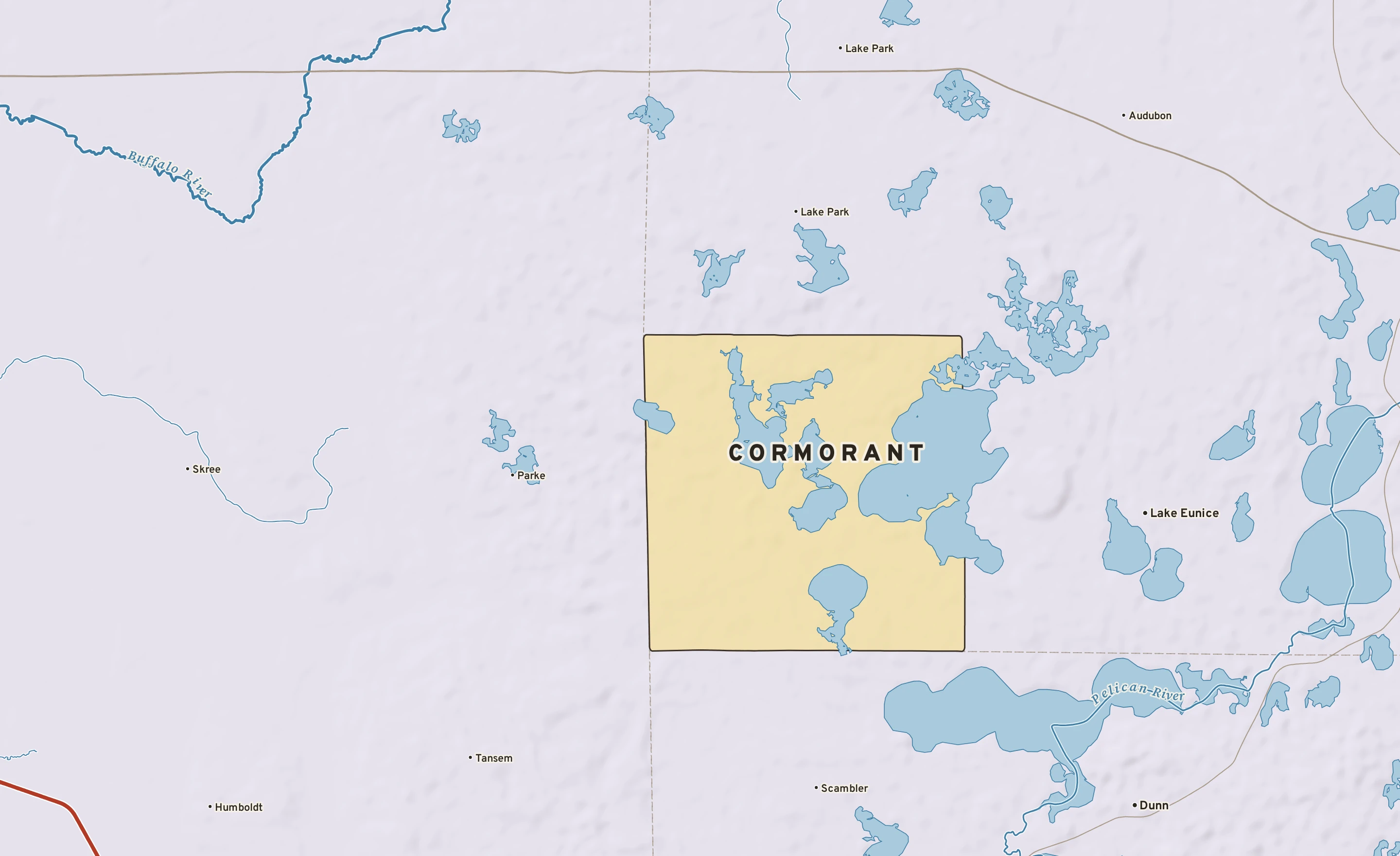 Shaded-relief atlas plate of Cormorant, Minnesota: rivers, roads, the city limits and where the water drains.