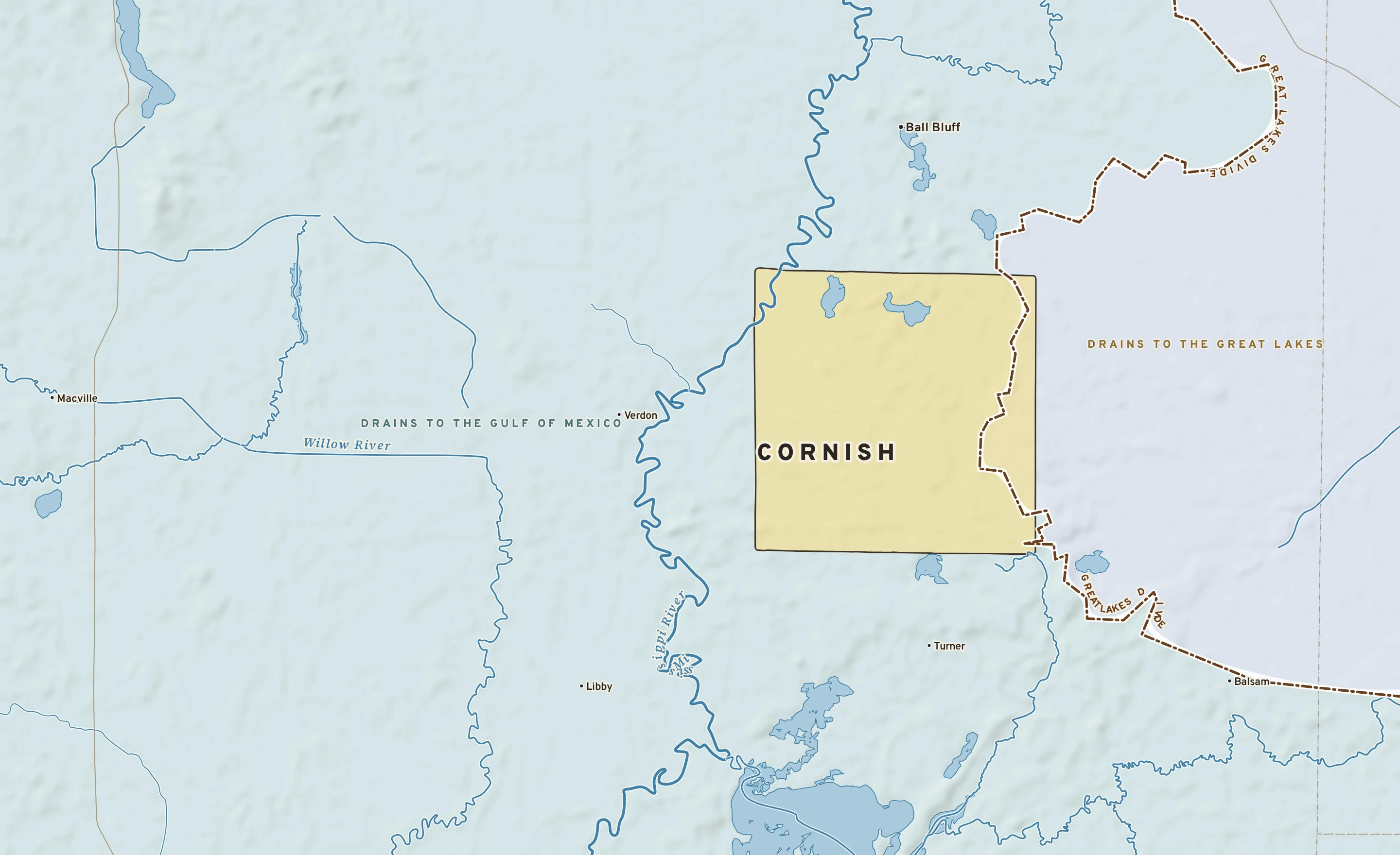 Shaded-relief atlas plate of Cornish, Minnesota: rivers, roads, the city limits and where the water drains.