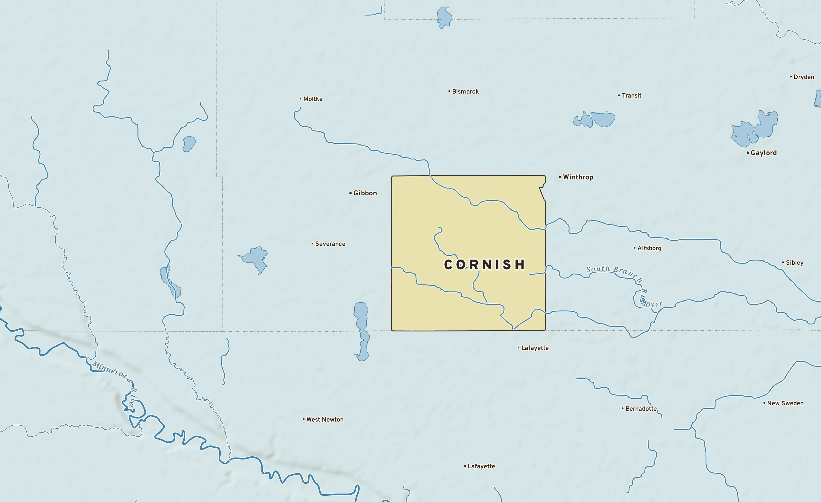 Shaded-relief atlas plate of Cornish, Minnesota: rivers, roads, the city limits and where the water drains.