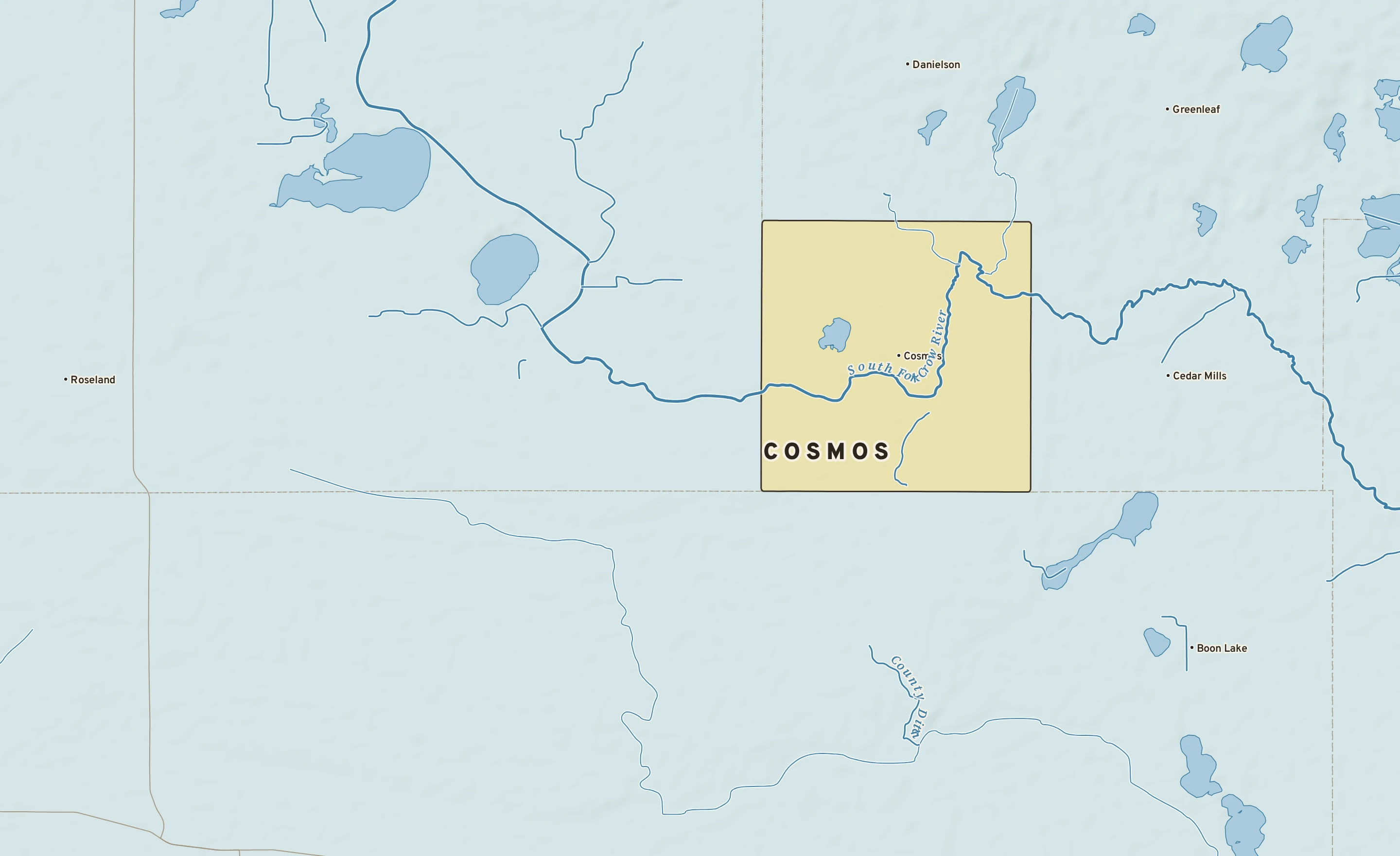 Shaded-relief atlas plate of Cosmos, Minnesota: rivers, roads, the city limits and where the water drains.