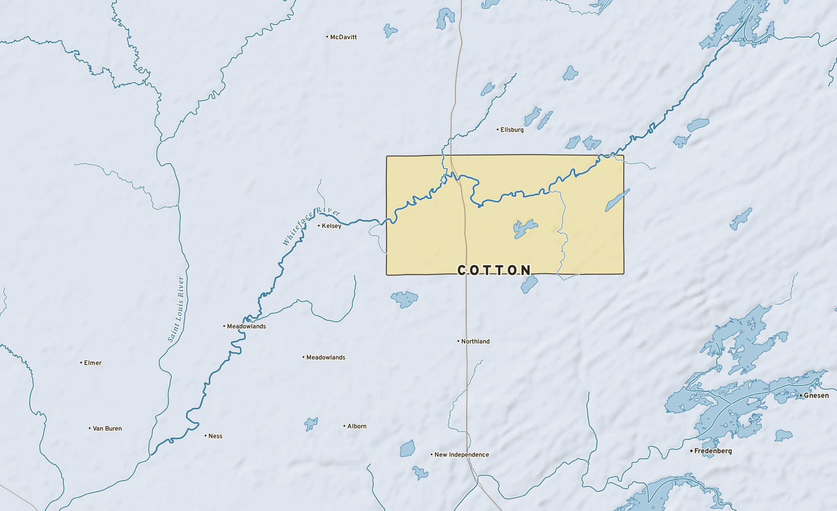 Shaded-relief atlas plate of Cotton, Minnesota: rivers, roads, the city limits and where the water drains.