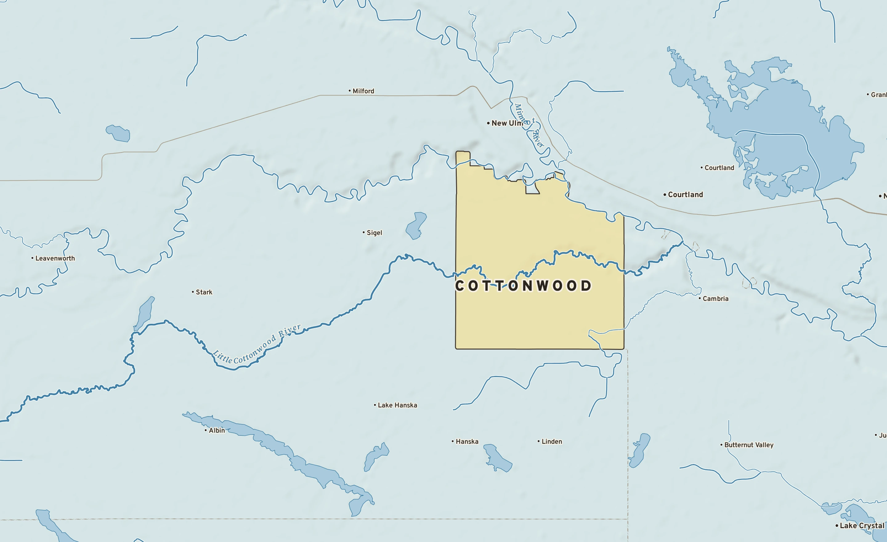 Shaded-relief atlas plate of Cottonwood, Minnesota: rivers, roads, the city limits and where the water drains.