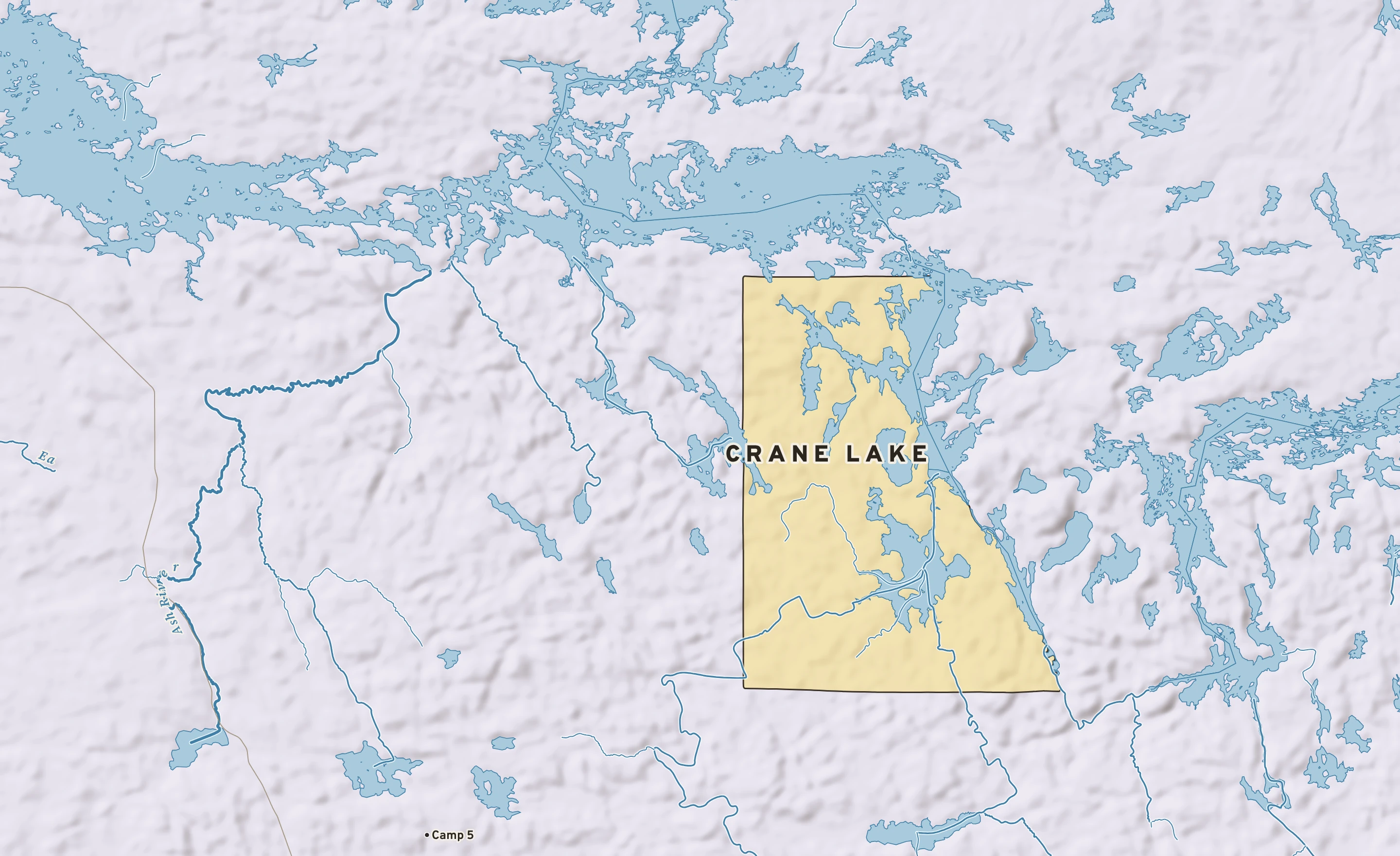 Shaded-relief atlas plate of Crane Lake, Minnesota: rivers, roads, the city limits and where the water drains.