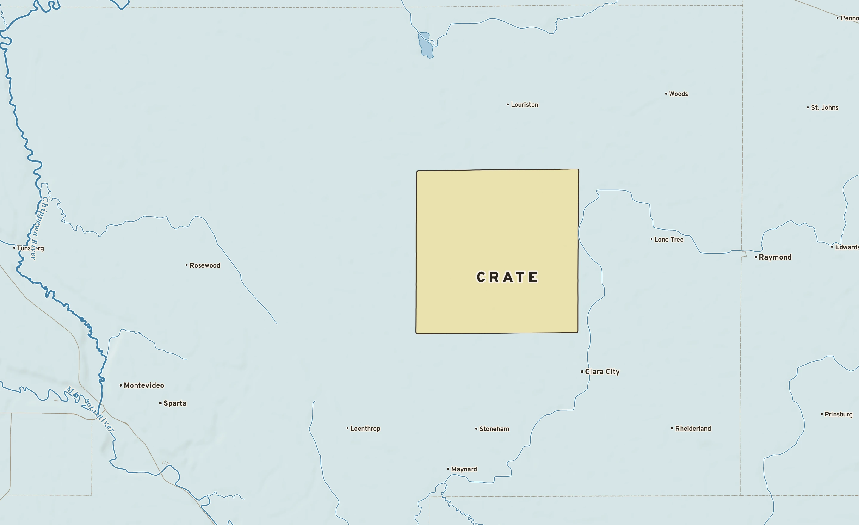 Shaded-relief atlas plate of Crate, Minnesota: rivers, roads, the city limits and where the water drains.
