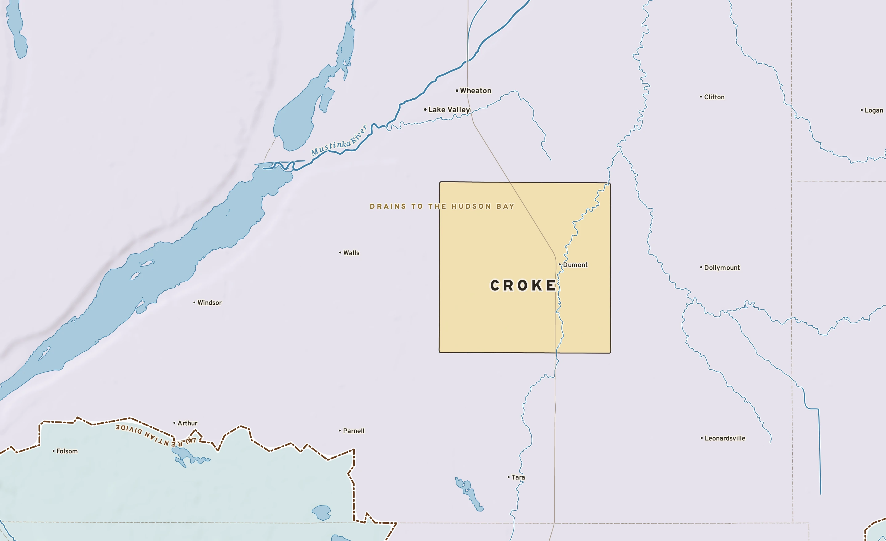 Shaded-relief atlas plate of Croke, Minnesota: rivers, roads, the city limits and where the water drains.
