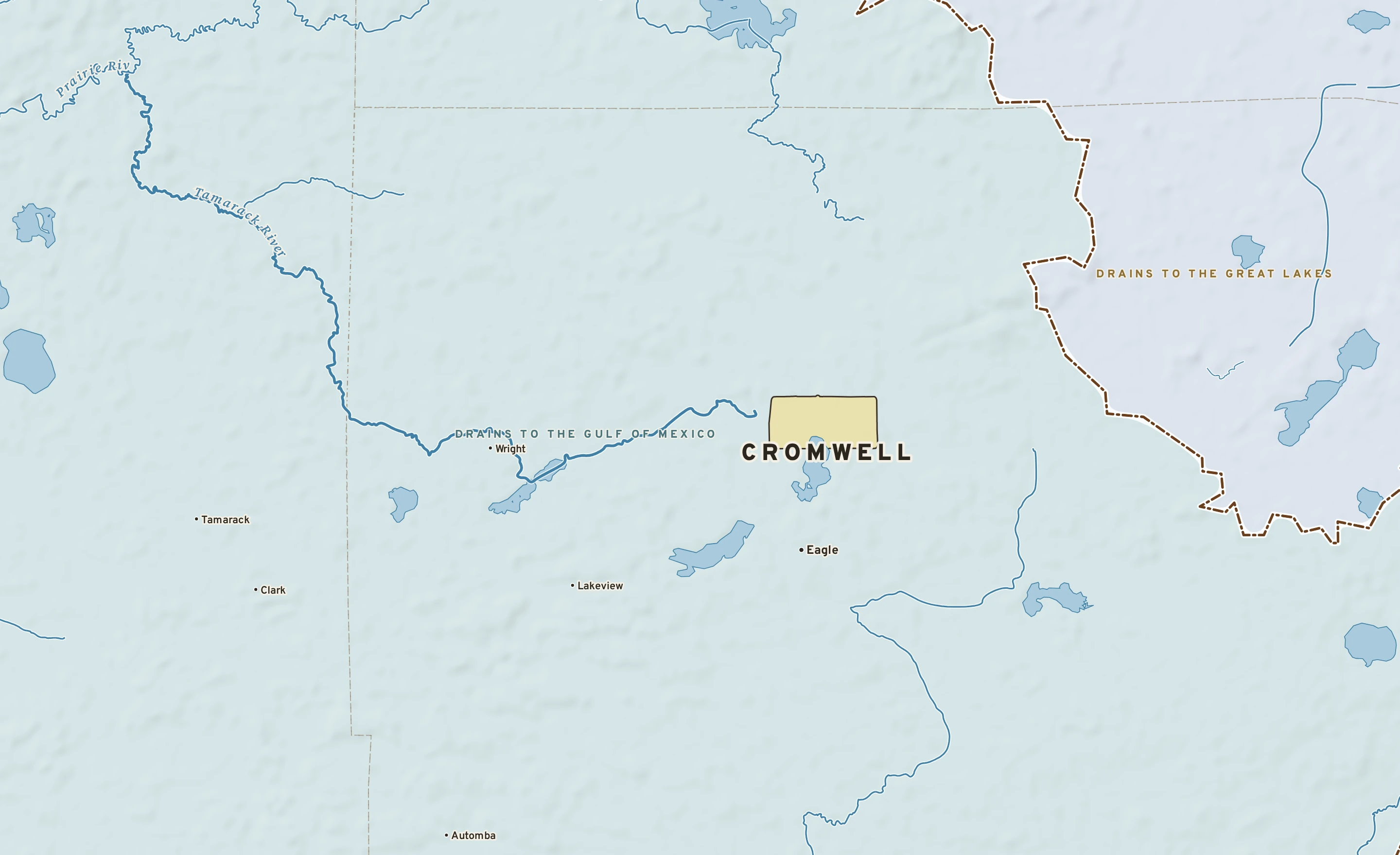 Shaded-relief atlas plate of Cromwell, Minnesota: rivers, roads, the city limits and where the water drains.