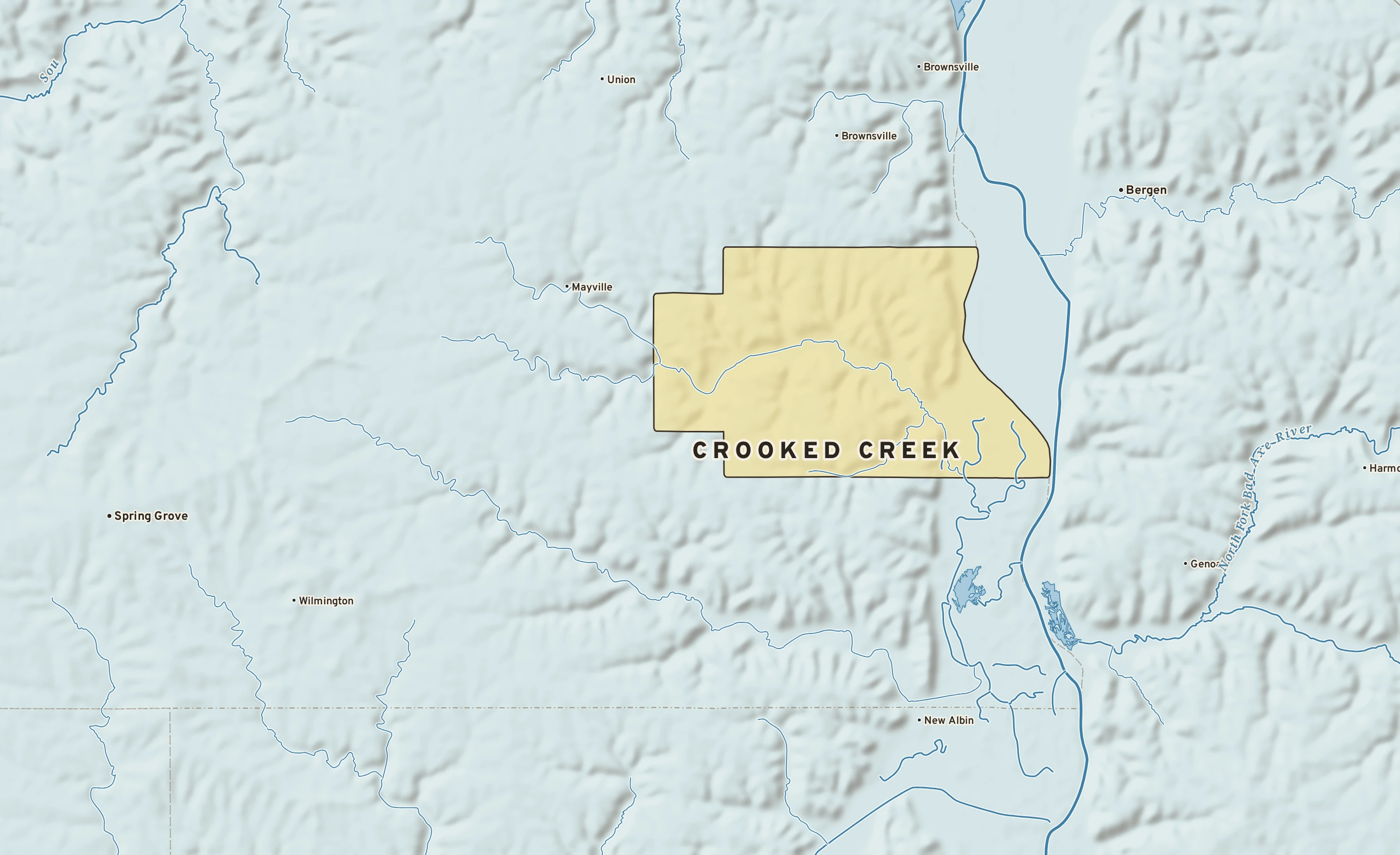 Shaded-relief atlas plate of Crooked Creek, Minnesota: rivers, roads, the city limits and where the water drains.