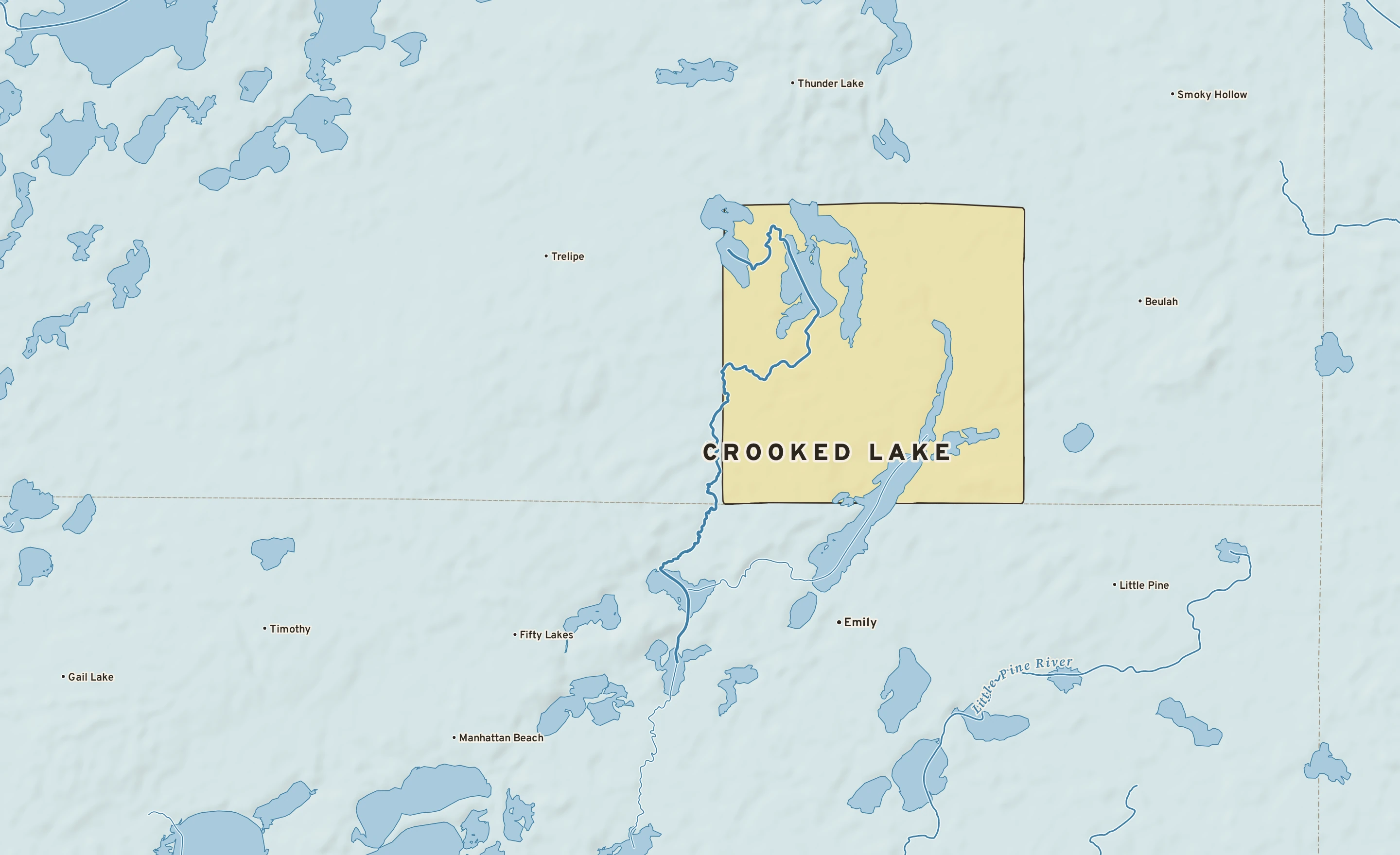 Shaded-relief atlas plate of Crooked Lake, Minnesota: rivers, roads, the city limits and where the water drains.