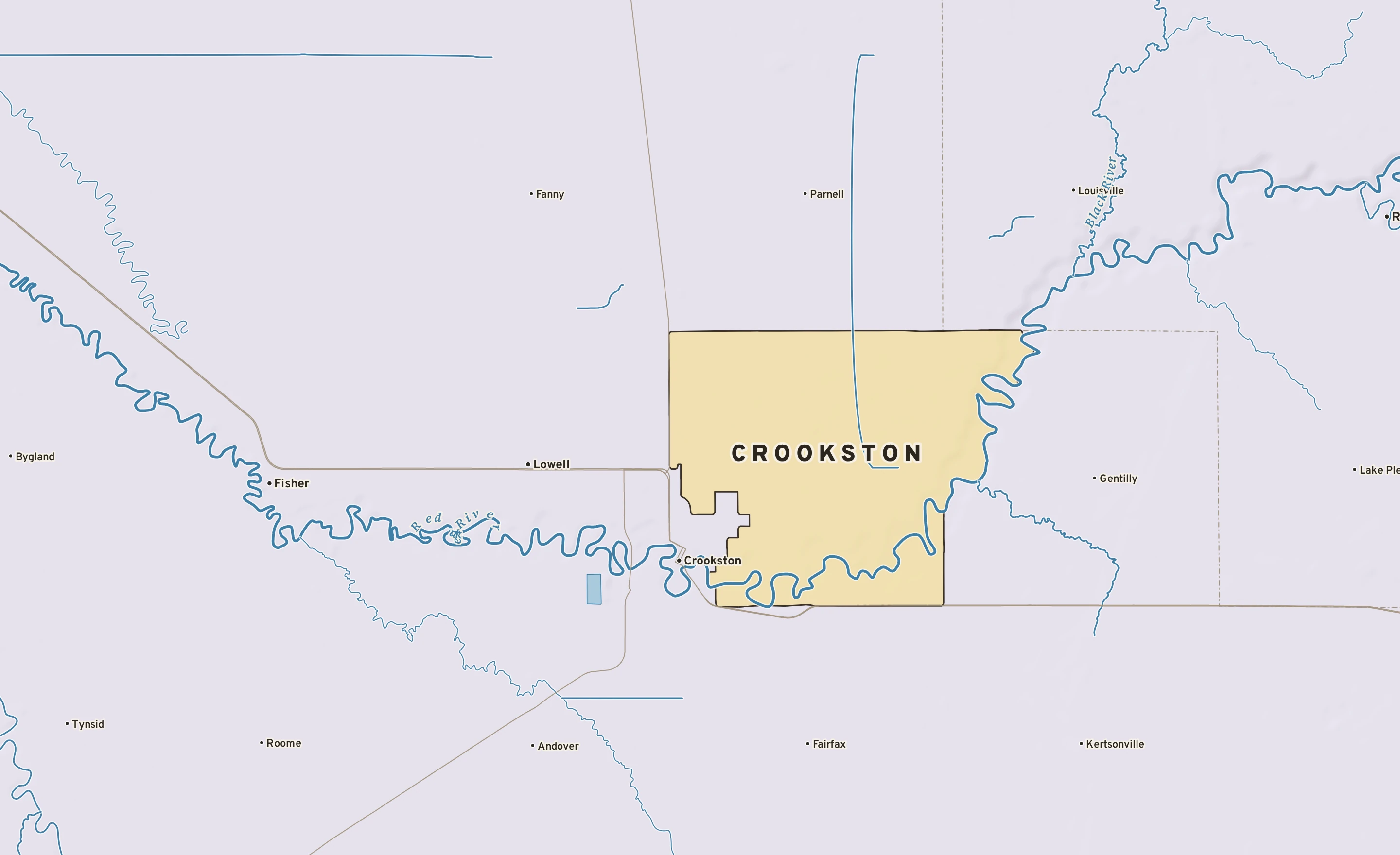 Shaded-relief atlas plate of Crookston, Minnesota: rivers, roads, the city limits and where the water drains.
