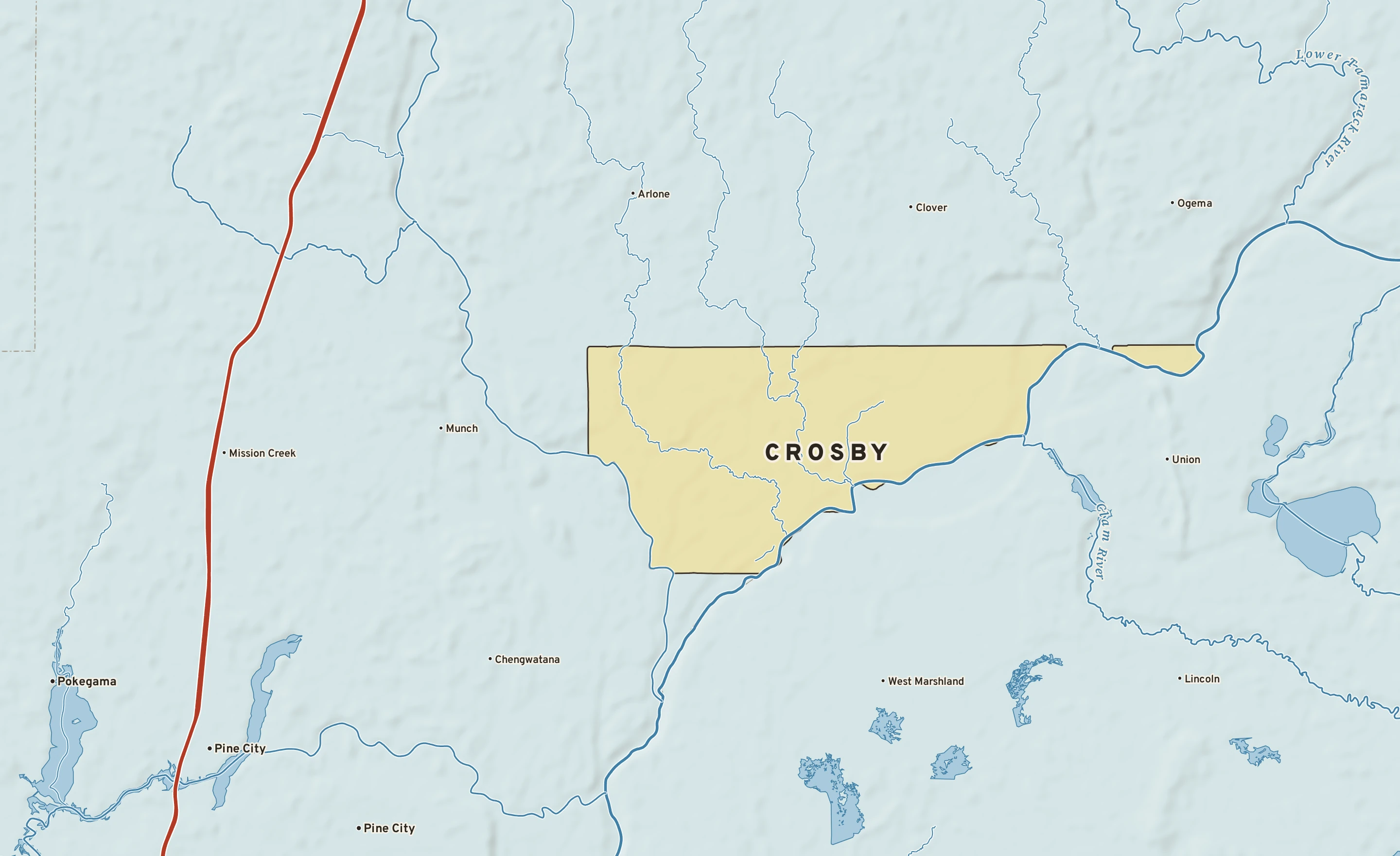 Shaded-relief atlas plate of Crosby, Minnesota: rivers, roads, the city limits and where the water drains.