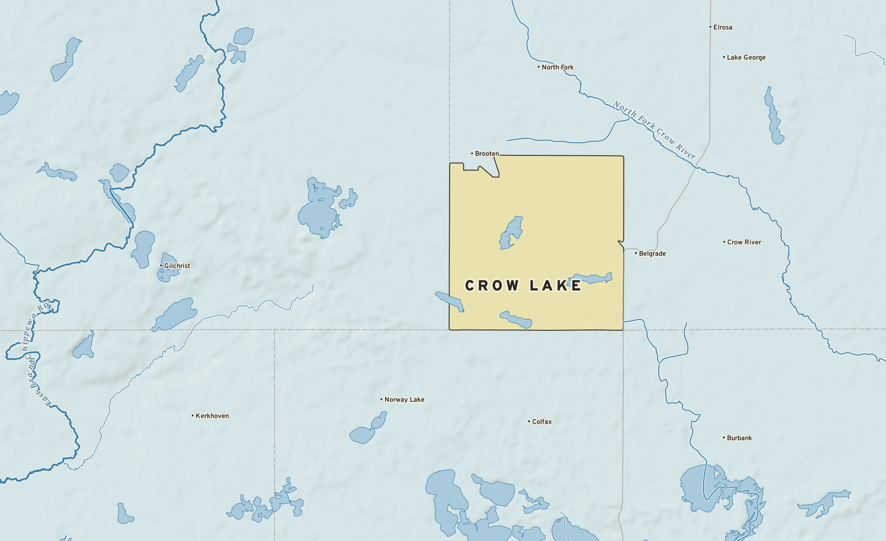 Shaded-relief atlas plate of Crow Lake, Minnesota: rivers, roads, the city limits and where the water drains.