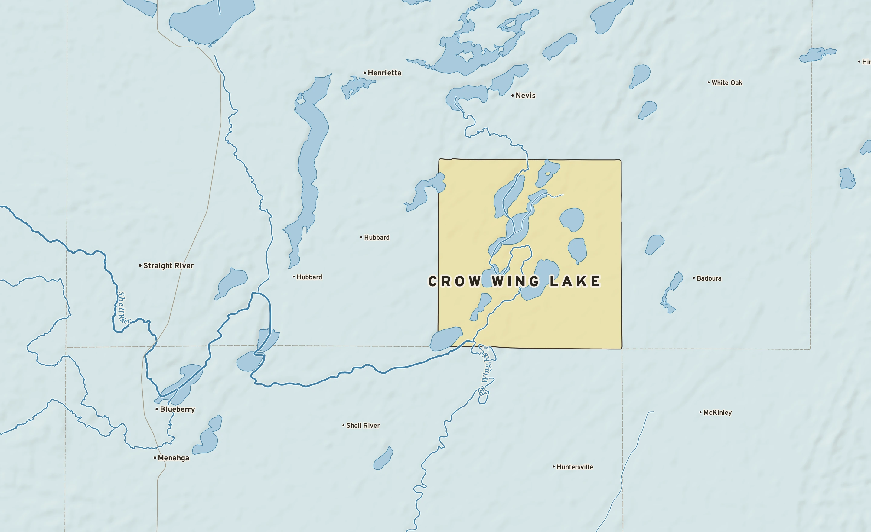 Shaded-relief atlas plate of Crow Wing Lake, Minnesota: rivers, roads, the city limits and where the water drains.