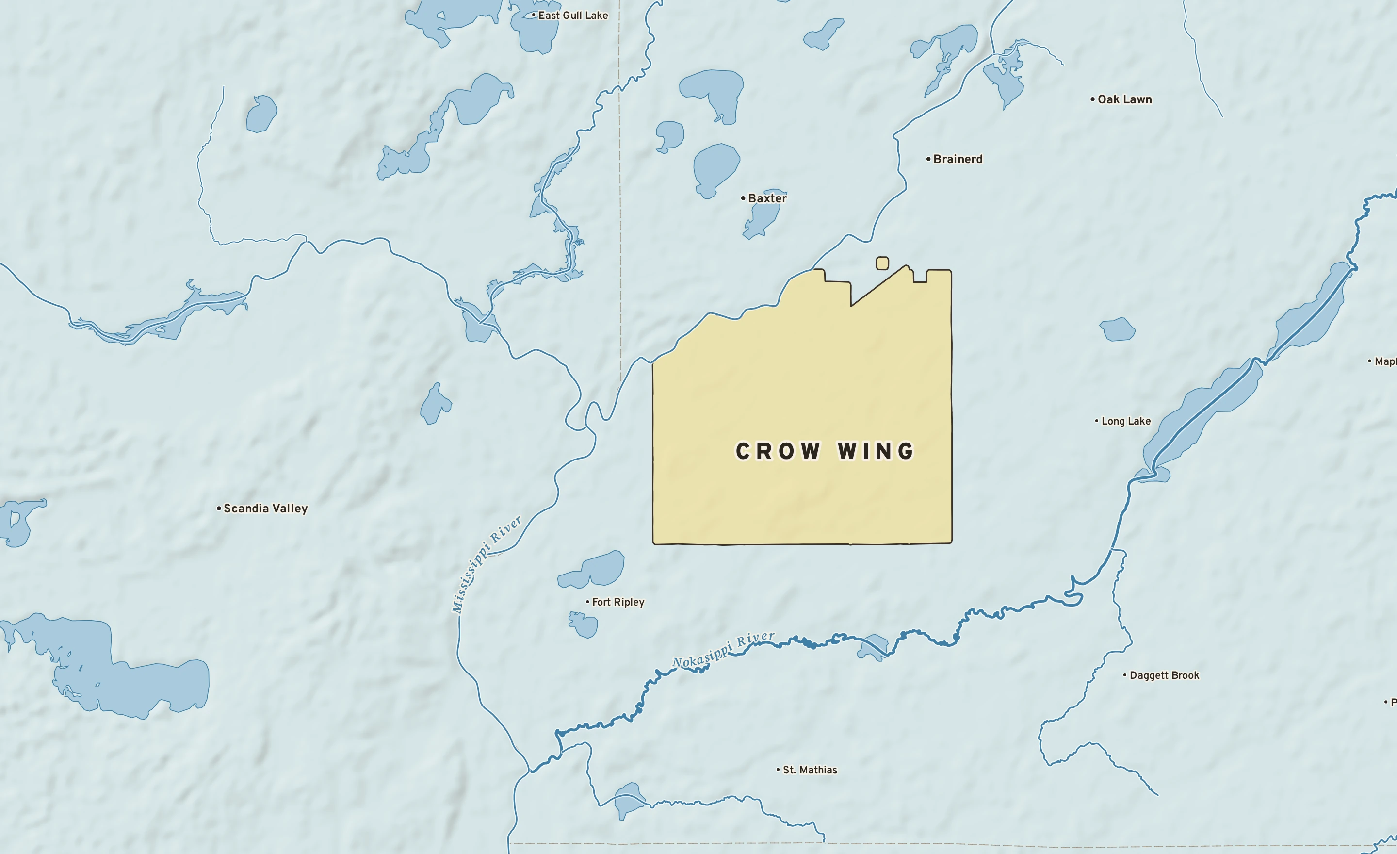 Shaded-relief atlas plate of Crow Wing, Minnesota: rivers, roads, the city limits and where the water drains.