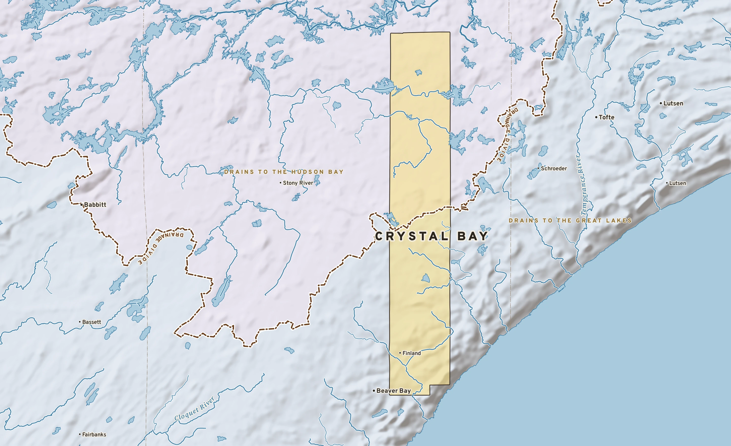 Shaded-relief atlas plate of Crystal Bay, Minnesota: rivers, roads, the city limits and where the water drains.