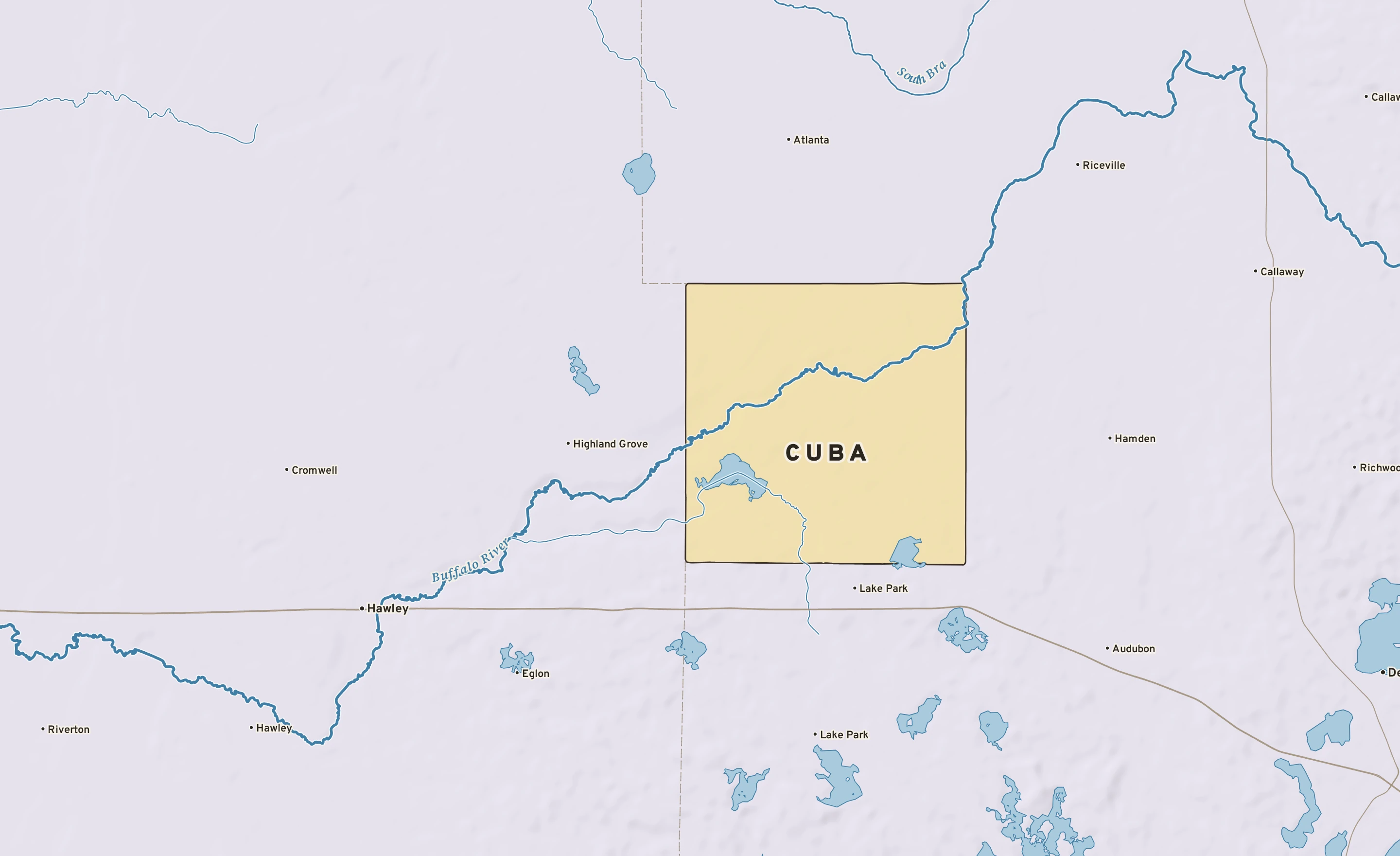 Shaded-relief atlas plate of Cuba, Minnesota: rivers, roads, the city limits and where the water drains.